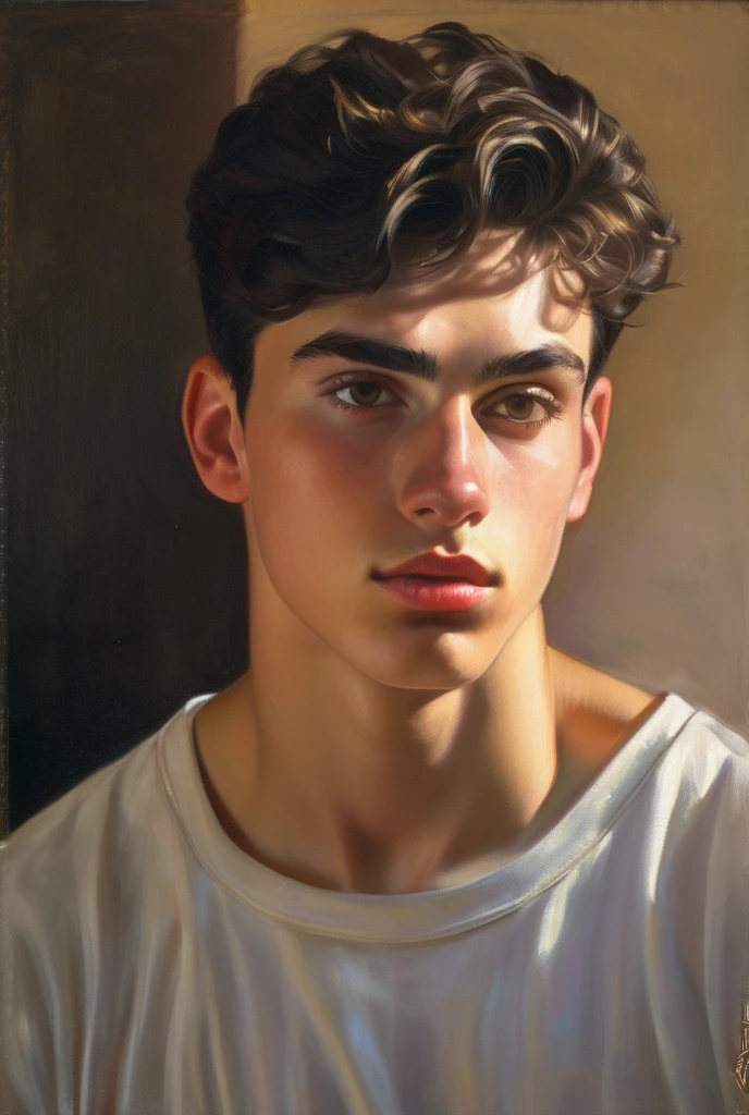 chiaroscuro technique on sensual illustration of an emotional boy, sexy masculine, male model, by Malcom Liepke, model with attractive body, inspired by Ludovit Fulla, mid-shot of a hunky, the model draped in flowing, thick oil painting by Harumi Hironaka, extremely soft colors, vibrant, highly detailed, malcolm liepke painting, oil on canvas, high contrast, dramatic, refined, tonal, Create high contrast between light and shadow, oil on linen