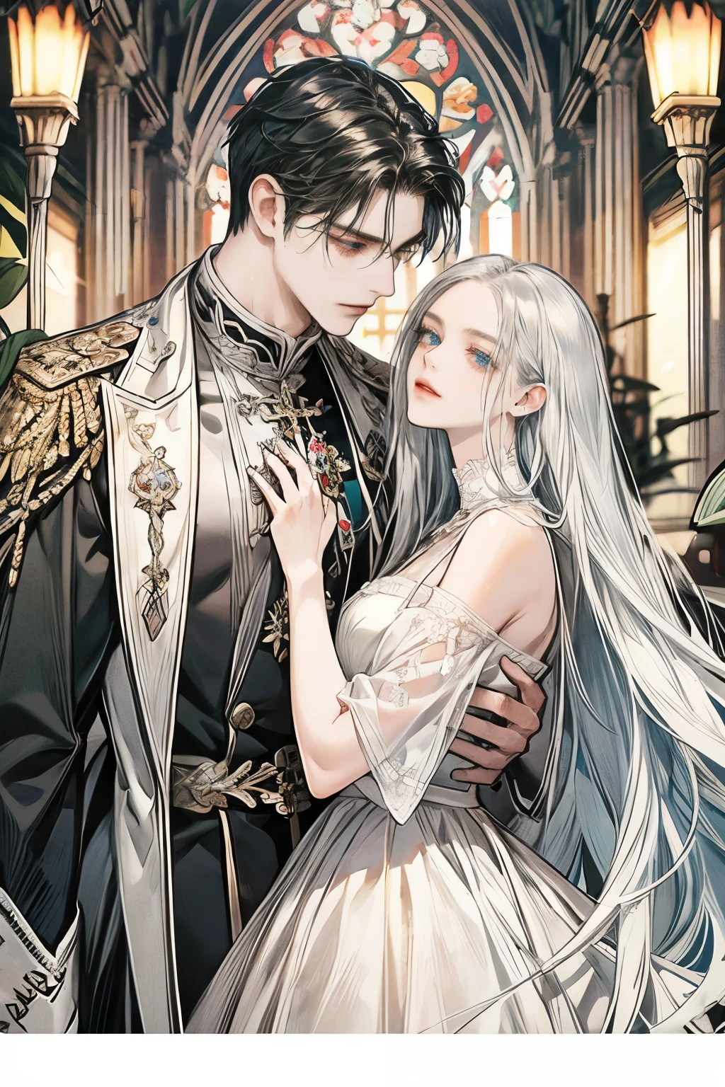 Men and women,The woman has black hair, The man has silver hair, Women have long hair , Men have short hair , 남자는 RED eyed 입니다, 여자는 BLUE EYES 입니다, One is a man dressed in black: RED eyed , One is a long-haired woman: BLUE EYES , Exactly similar, casual style, Clergy clothing, sharp impression , less physical exposure , masterpiece, High quality, night start sky
