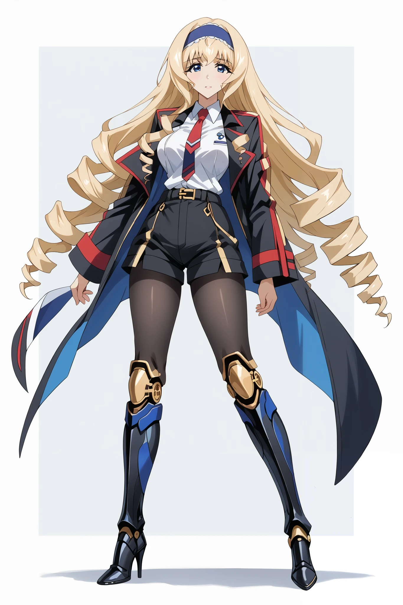 score_9, score_8_up, score_7_up, source_anime, 4K,perfect fingers,(perfect hands, perfect anatomy),prefect lighting, very aesthetic, intricate details,highly detailed background, masterpiece, high quality, best quality,
1girl, ceciliaalcott, cecilia alcott, long hair, blue eyes, blonde hair, hairband, drill hair, blue hairband, Large Breast,
wearing ((black jacket, jacket has gold trim and details, white collared shirt, red tie, short, black shorts, gold-colored details on her shorts, black opaque tights, black heeled boots, metallic buckles, )),,
((fullbody)),((white plain background)), sweating, no expression,seated,