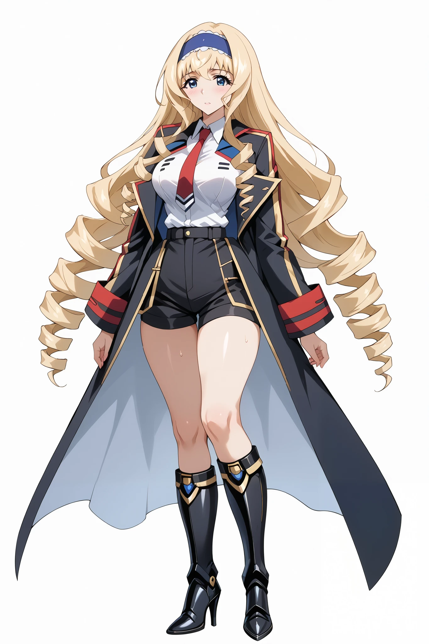 score_9, score_8_up, score_7_up, source_anime, 4K,perfect fingers,(perfect hands, perfect anatomy),prefect lighting, very aesthetic, intricate details,highly detailed background, masterpiece, high quality, best quality,
1girl, ceciliaalcott, cecilia alcott, long hair, blue eyes, blonde hair, hairband, drill hair, blue hairband, Large Breast,
wearing ((black jacket, jacket has gold trim and details, white collared shirt, red tie, short, black shorts, gold-colored details on her shorts, black opaque tights, black heeled boots, metallic buckles, )),,
((fullbody)),((white plain background)), sweating, no expression,seated,