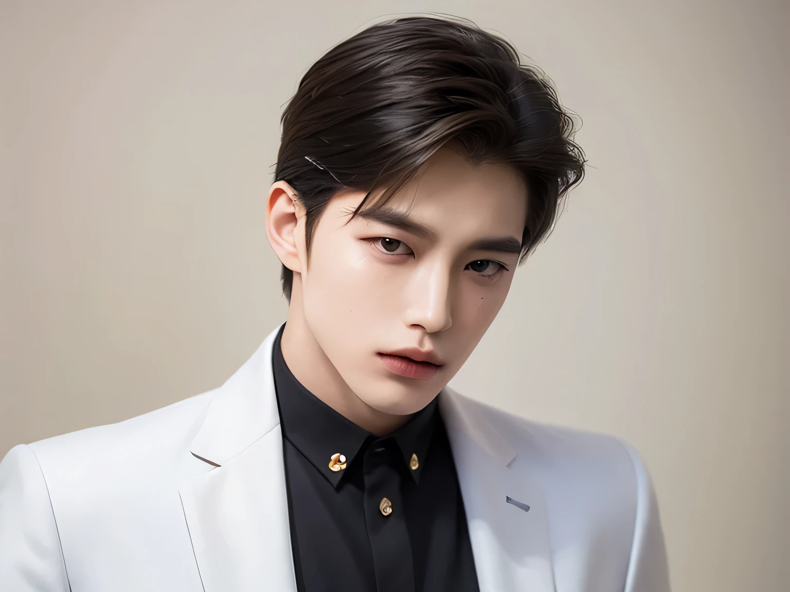 lip, Squint, Left hand grips the tip of the chin, Thoughtful gesture , detective, 20 year old man, Very handsome , Korean Series Stars, White skin, handsome, classic side part hairstyle, black background, Masterpiece, Best Quality, Cool personality , a man, Detailed image, clear, Shiny, Cold eyes, Very handsome , half body model, wearing a white suit, , straight shoulder, striped shirt-golden Thai bird, One Man, reflect, standing, front view.