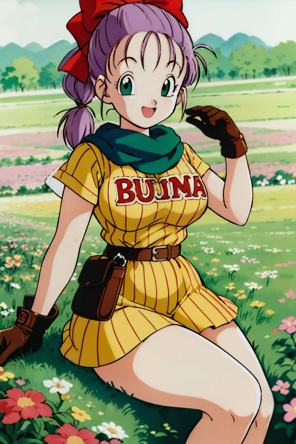 1990s\( style\)、1990sアニメセル画 style、Best Quality、Hi-Res、( big eyes:1.2)、1 girl、、is embarrassing、smile、( Big Breasts:1.2)、、masterpiece、 Best Quality、( 1 girl:1.4)、masterpiece、Best Quality、Hi-Res、slender,busty,blmponytail、 purple hair 、hair bow、braided ponytail、Yellow Vertical Stripe Dress,yellow shirt,yellow skirt,super miniskirt, green scarf , brown gloves、 beautiful thighs,(outdoor)Flower Field,flirty pose