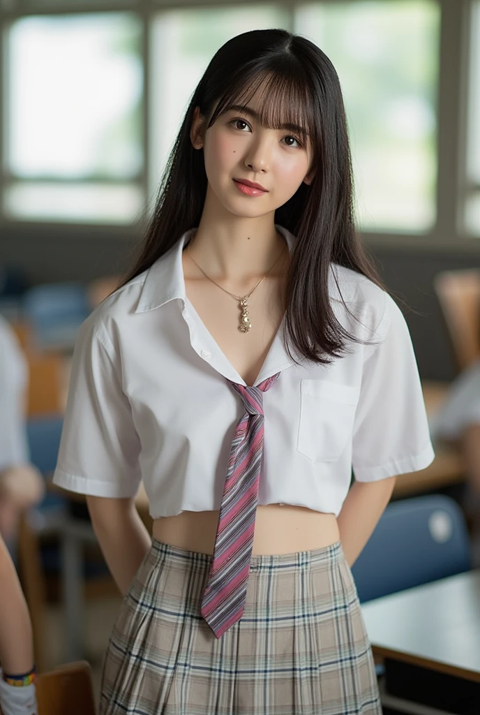 (masterpiece, Highest quality:1.2), 8k, Young and beautiful girl, 85mm,Official AR RAW Photos, Baby Face、Clothes are big、Show me your ears、photo shoot, Cute Face, Thighs, Classroom after school, Looking at the audience, Embarrassing、smile、No makeup, Film Grain, chromatic aberration, Sharp focus, Face Light, Bright lighting, 10 generations, Detailed face, Background Blur、((((((18 year old high school girl))))))、Tight waist、Sailor suit、Not wearing a skirt、pubic hair、vagina/Pussy、(((Pink nipples)))、