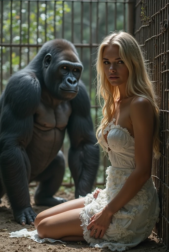 A silver-haired girl with a ponytail covering her head and face==1.0 A face of a beautiful girl、A muscular black gorilla body==1.0