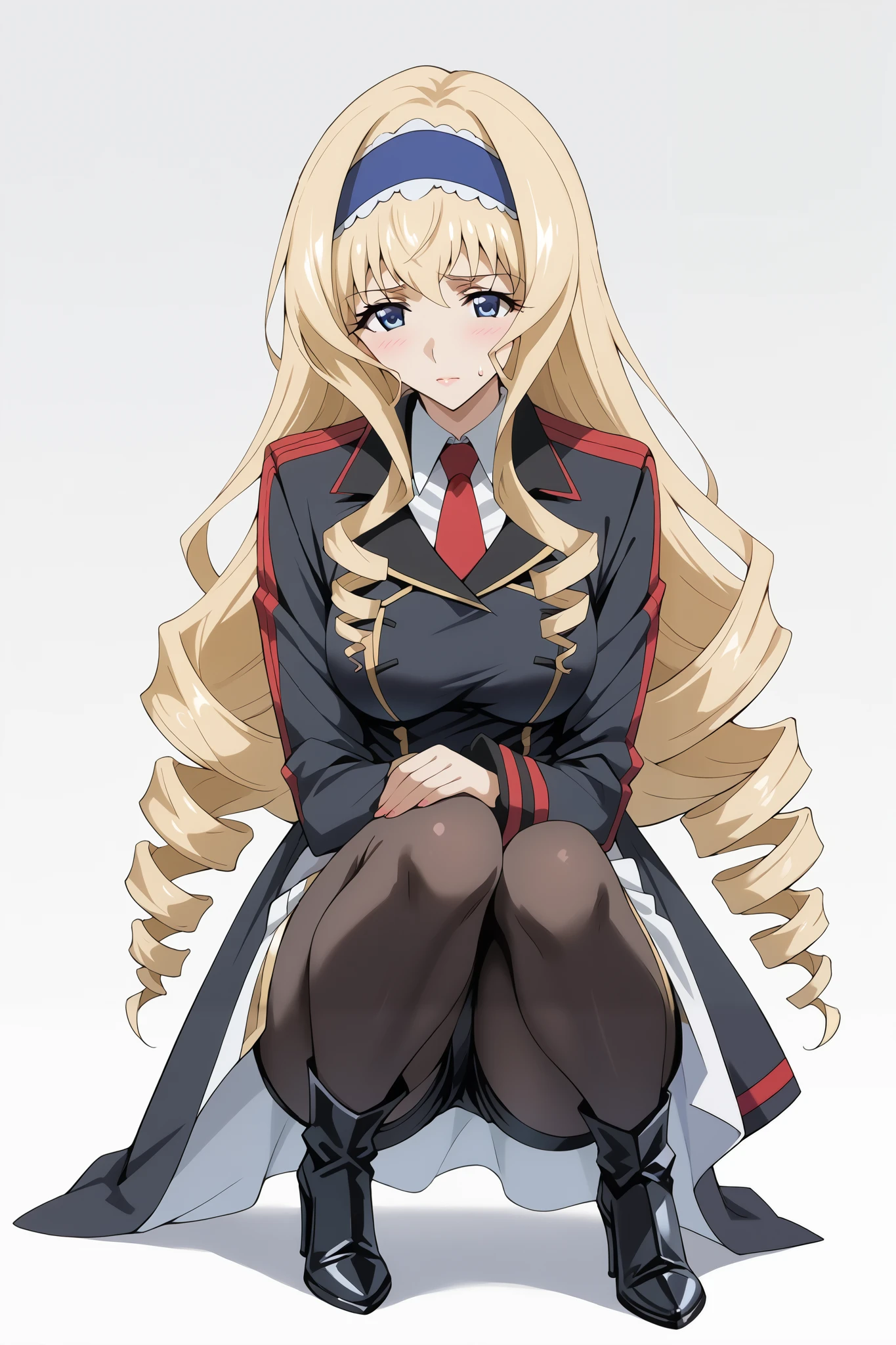 score_9, score_8_up, score_7_up, source_anime, 4K,perfect fingers,(perfect hands, perfect anatomy),prefect lighting, very aesthetic, intricate details,highly detailed background, masterpiece, high quality, best quality, 
1girl, ceciliaalcott, cecilia alcott, long hair, blue eyes, blonde hair, hairband, drill hair, blue hairband, Large Breast,
wearing ((black jacket, jacket has gold trim and details, white collared shirt, red tie, short, black shorts, gold-colored details on her shorts, black opaque tights, black heeled boots, metallic buckles, )),,
((white plain background)), sweating, no expression,seated, relaxed posture, slightly leaning forwards, 