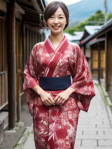 red yukata, onsen town, walking, traditional, tranquil atmosphere, ((masterpiece)), ((best quality)), (ultra-detailed), ((beautiful eyes)), Japanese female, (slender:1.3), ((30 years old)), beautiful, (cheerful grin:1.3),