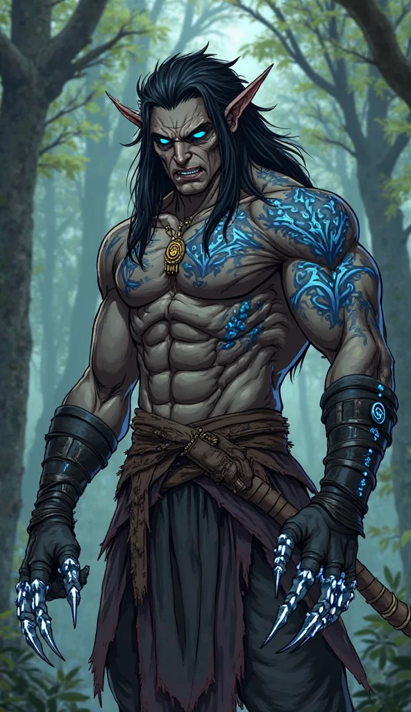 Half Orc, skin black, with scar, of armor.