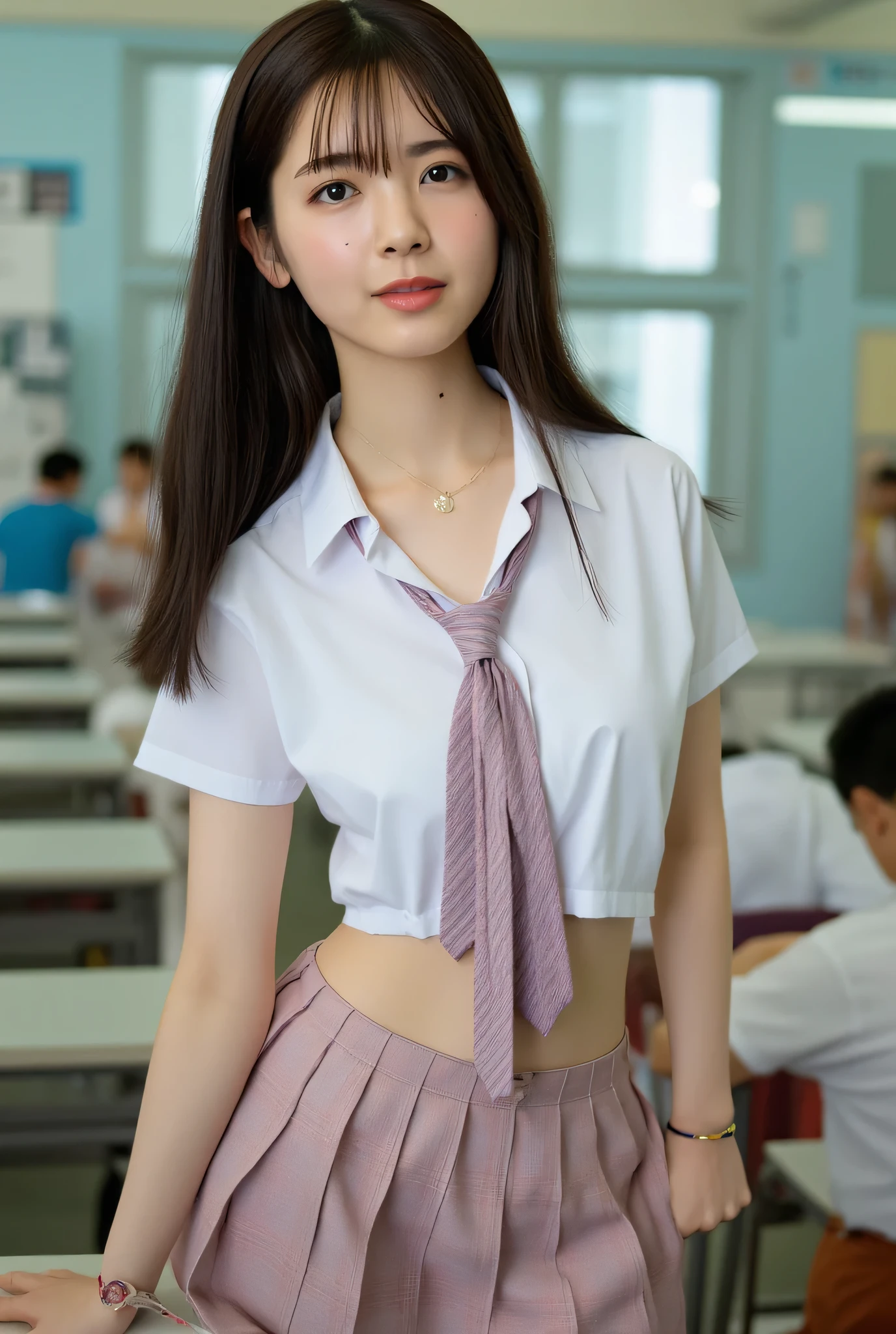 Best quality, 8k, masterpiece, super high resolution, (photorealistic: 1.4), RAW photo, (Dark brown hair, medium long hair ), (sexy school uniform:1.2),(school uniforms:1.3), (white collared-shirt:1.4),slim abs: 1.1, (((standing in classroom leaning forward with legs spread + chest))), ((white collar, unbutton, short sleeve):1.2),((Beautiful breasts)),(((Short tie with cyclamen pink and gray horizontal stripes))),((wearing loose socks)), (Baby pink and grey plaid-pattern pleated-Micro Mini skirt:1.3), ((bare stomach, navel, collarbone, emphasize breast cleavage):1.4), ((necklace, colorful bracelet, X hair ornament):1.2),((Full body image)), ((School classroom)),((You can see her belly button)),