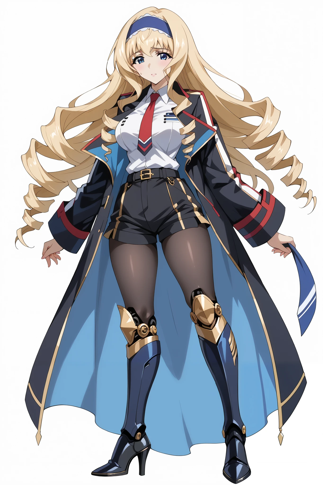 score_9, score_8_up, score_7_up, source_anime, 4K,perfect fingers,(perfect hands, perfect anatomy),prefect lighting, very aesthetic, intricate details,highly detailed background, masterpiece, high quality, best quality,
1girl, ceciliaalcott, cecilia alcott, long hair, blue eyes, blonde hair, hairband, drill hair, blue hairband, Large Breast,
wearing ((black jacket, jacket has gold trim and details, white collared shirt, red tie, short, black shorts, gold-colored details on her shorts, black opaque tights, black heeled boots, metallic buckles, )),,
((white plain background)), sweating, no expression,seated, relaxed posture, slightly leaning forwards,