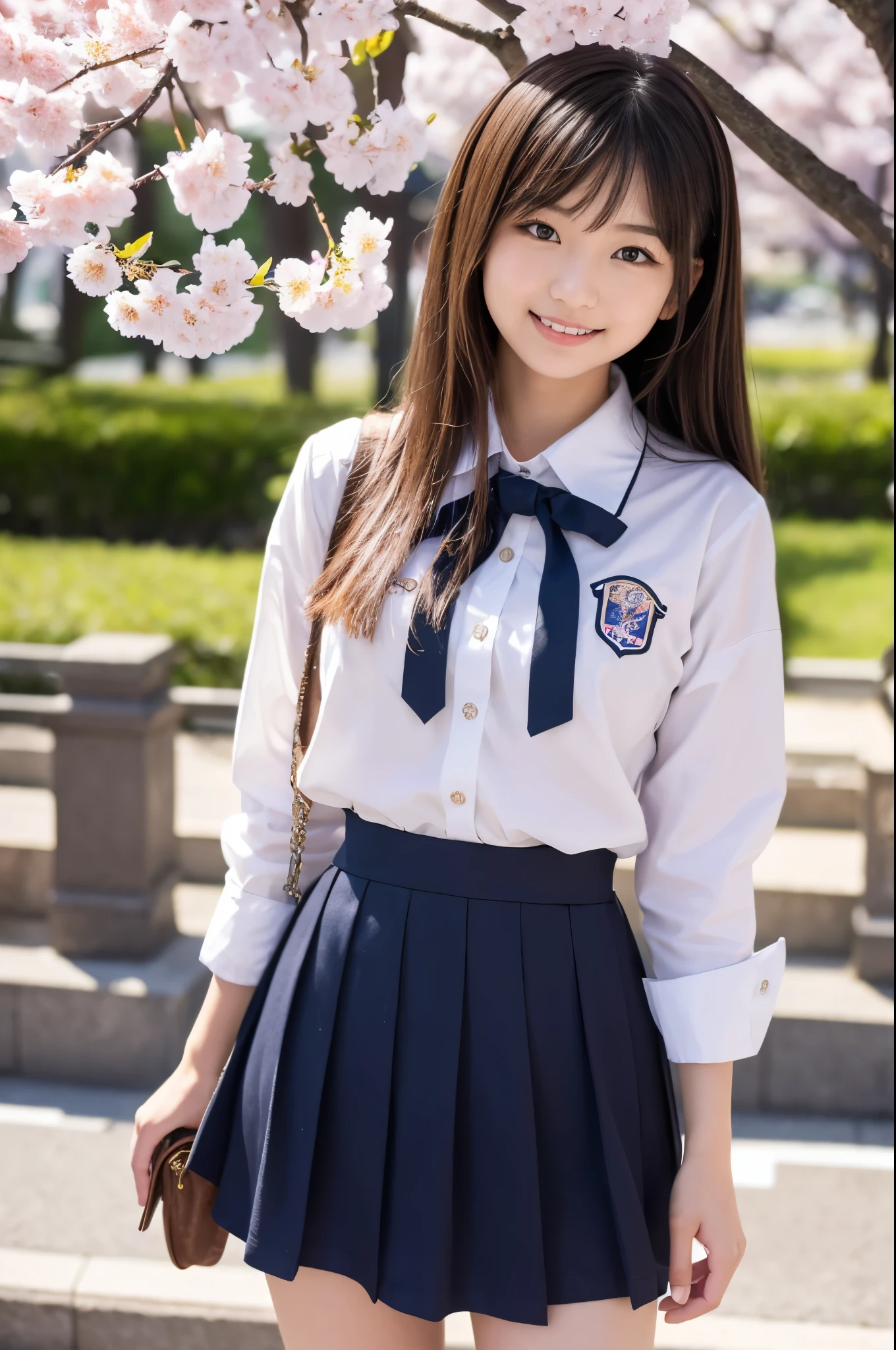 (masterpiece:1.2), super high quality, japanese girl, (super realistic), (super photographic style), 1girl,  (), tits, (collared shirt), (bow tie), (skirt), (short sleeves), street, smiling, socks, beautiful legs line, like a model style, 