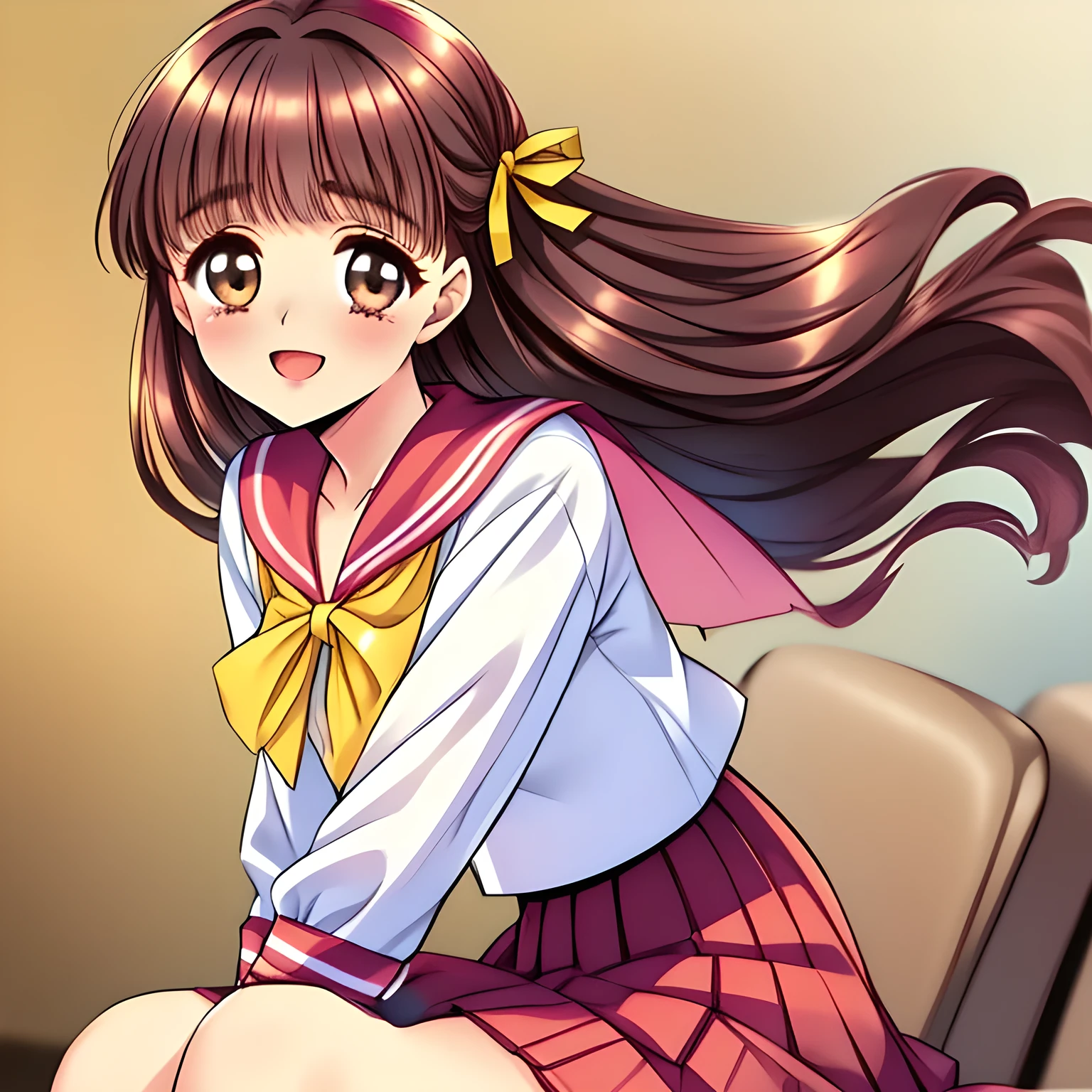 (highest quality, masterpiece:1.2), highest quality, High resolution, 1080p, 8K, (A sakuragi beautiful pretty noble girl of (love-story comic heroines) is seated calmly on a train seat, high pride of beauty, hypnotizing me by their neat beauty, ((looking me up, and requesting me kiss with highest laughter at the side)), (intelligent and perfectly balanced slender style), (long neck), neat & clean, lovely strong charm, cutely tilted head), (Too noble beautiful lady like a love-story comic heroine), (laughing), A very lovely, very noble, pretty and pure beautiful girls. ((neat innocent ears)), ((white grown face)), Using expensive whitening cosmetics by cosmetics artist: 1.2), Glossy lips, (curled) bangs, (Too beautiful blue fascinating shiny (double-lidded) (brown eyes) with love to the viewer, ((deep upper girly eyelid)), ((huge eye pupils)), laughing with detailed clearly: 1.5), (sakuragi, ((pink, deep-red, yellow lined neat sailor uniform)), slender neat pink blouse, (deep-red sailor collar with yellow lines), (orange-red pleats skirt): 2), (too pretty shiny big (red realistic school ribbon tie)): 1.5), (Shiny love-story heroine lips, extremely laughing open mouth: 1.0), ((amazingly beautiful black bobbed wavy hair is blowing in the wind: 1.5)), (Hair Ribbon ties (black hair), The ribbon is big and very pretty), (Tight waist, slender: 1.5), (The background is (plain black space) to emphasize their fascination: 1.8), (The lady knows well about the viewer's super fetishism for school uniforms, and satisfies it completely in the viewer's lewd dream: 1.7), (Gorgeous atmosphere In a train limited for beautiful girls bound for girl's school directly early in the morning: 1.5), (Everything is organized to have strong effect of hypnosis for the viewer to fall into happy dream with many beautiful girls: 1.5), (The viewer must be transferred to the world of only beautiful girls right now when he sees the eyes of girls in this picture: 2)