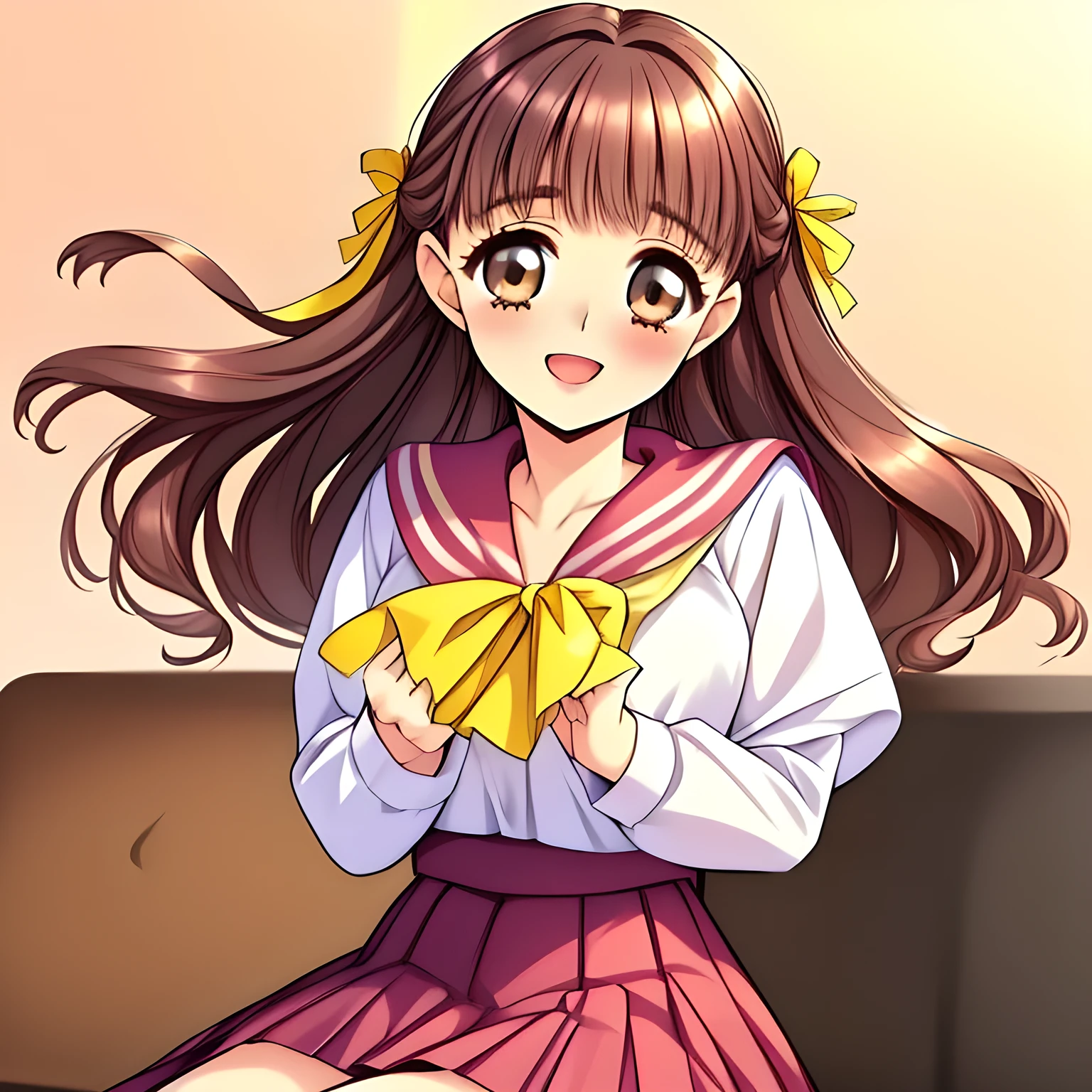 (highest quality, masterpiece:1.2), highest quality, High resolution, 1080p, 8K, (A sakuragi beautiful pretty noble succubus of (love-story comic heroines) is seated calmly on a train seat of succubi, high pride of beauty, hypnotizing me by their neat beauty, ((looking me up, and requesting me kiss with highest laughter at the side)), (intelligent and perfectly balanced slender style), (long neck), neat & clean, lovely strong charm, cutely tilted head), (Too noble beautiful lady like a love-story comic heroine), (laughing), A very lovely, very noble, pretty and pure beautiful girls. ((neat innocent ears)), ((white grown face)), Using expensive whitening cosmetics by cosmetics artist: 1.2), Glossy lips, (curled) bangs, (Too beautiful blue fascinating shiny (double-lidded) (brown eyes) with love to the viewer, ((deep upper girly eyelid)), ((huge eye pupils)), laughing with detailed clearly: 1.5), (sakuragi, ((pink, deep-red, yellow lined neat sailor uniform)), slender neat pink blouse, (deep-red sailor collar with yellow lines), (orange-red pleats skirt): 2), (too pretty shiny big (red realistic school ribbon tie)): 1.5), (Shiny love-story heroine lips, extremely laughing open mouth: 1.0), ((amazingly beautiful black bobbed wavy hair is blowing in the wind: 1.5)), (Hair Ribbon ties (black hair), The ribbon is big and very pretty), (Tight waist, slender: 1.5), (The background is (plain black space) to emphasize their fascination: 1.8), (The lady knows well about the viewer's super fetishism for school uniforms, and satisfies it completely in the viewer's lewd dream: 1.7), (Gorgeous atmosphere In a train limited for beautiful girls bound for girl's school directly early in the morning: 1.5), (Everything is organized to have strong effect of hypnosis for the viewer to fall into happy dream with many beautiful girls: 1.5), (The viewer must be transferred to the world of only beautiful girls right now when he sees the eyes of girls in this picture: 2)