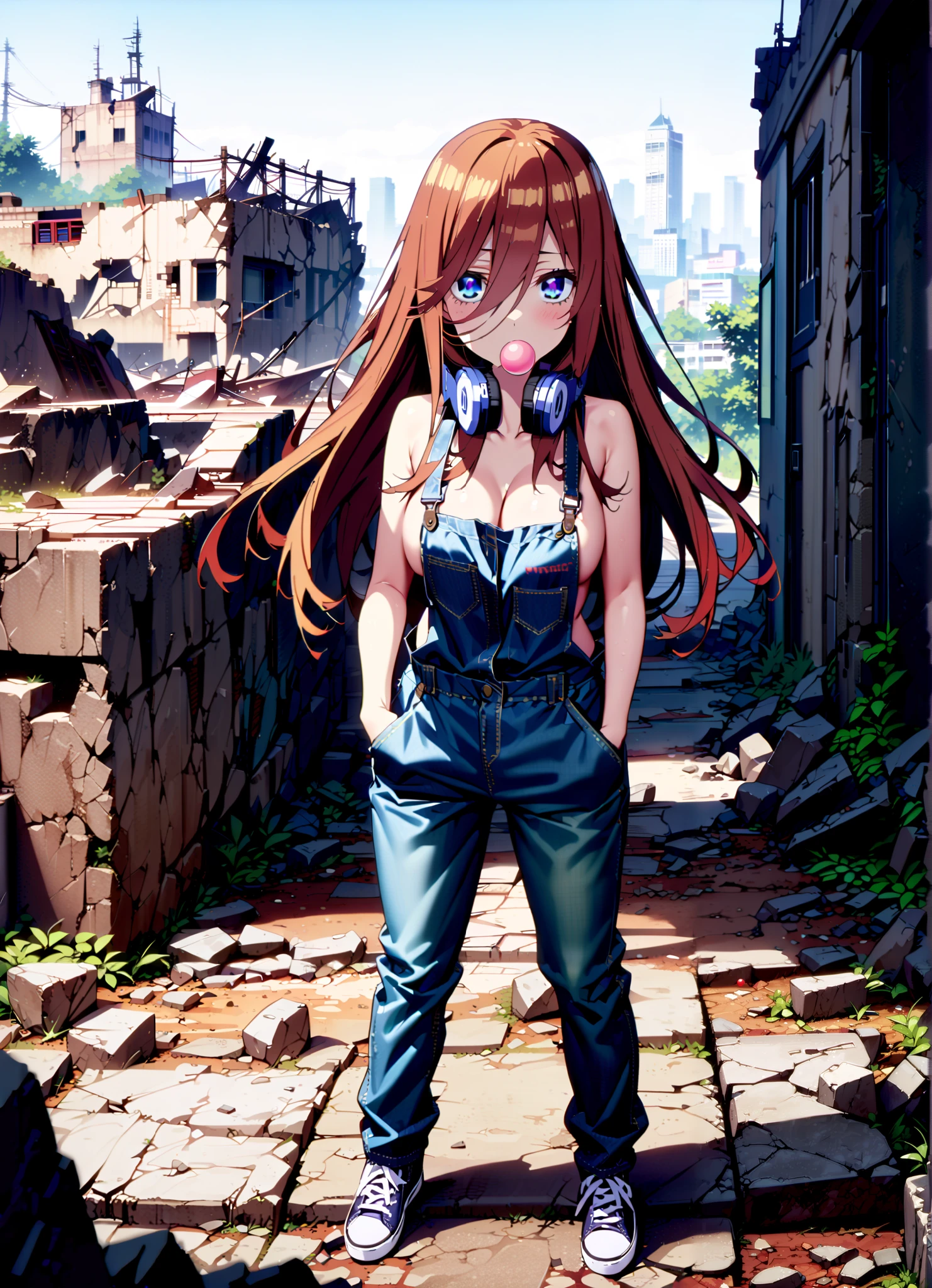 score_9, score_8_up, score_7_up, source_anime, Nakano Future, long hair, bangs, blue eyes, brown hair, o, headphones , headphones around neck, Baseball cap,Put your hands in jeans pockets ,Big Breasts,sideboom,naked overalls, denim jeans,sneakers,standing,Blowing bubble gum,rubble,full bodyがillustrationsに入るように, break outdoors,ruins,
break looking at viewer,full body,
break (masterpiece:1.2), Best Quality, Hi-Res, Unity 8K Wallpaper , (illustrations:0.8), (Beautiful Detailed Eyes:1.6), very detailed face, perfect lighting, highly detailed CG, (perfect hand, perfect anatomy),