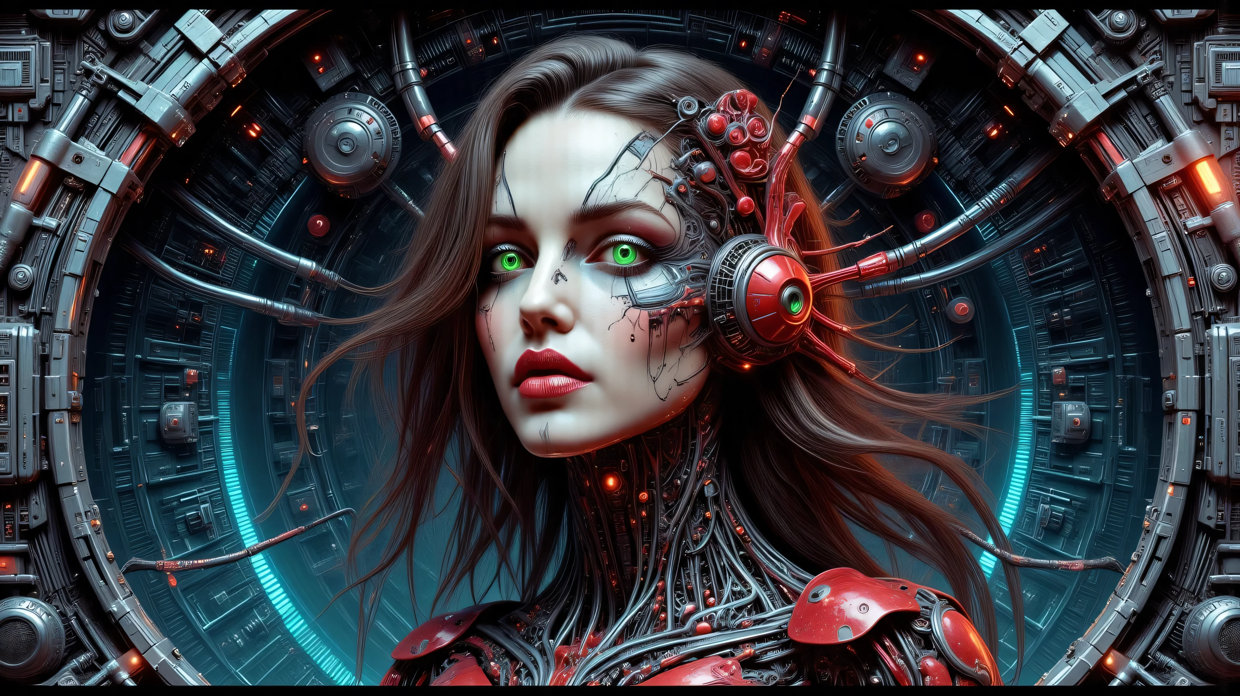 Colored photorealistic drawing. details, High quality. Clear drawing. soft shadows. synthetic woman who merged with spaceship instruments. slim , chest среднего размера, young Salma Hayek face, Dark makeup, red lipstick, nipples have been sticking out, brunette, long hair, cybernetic green eyes, eyes glow green, looks at me. Wires are sticking out of the body. Serious. space, stars, control devices. medium plan. below the waist, pop, chest.