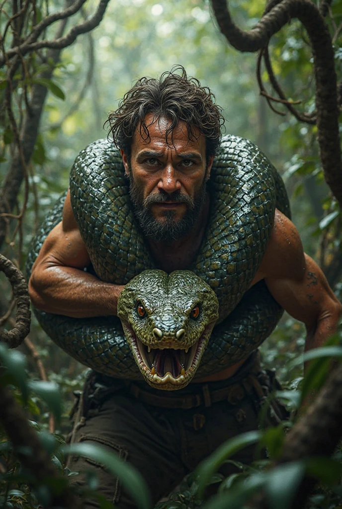 Top quality, real crocodile, (crocodile tied with rope:1.5), man with open mouth and surprised expression, (looking at crocodile head:1.5)