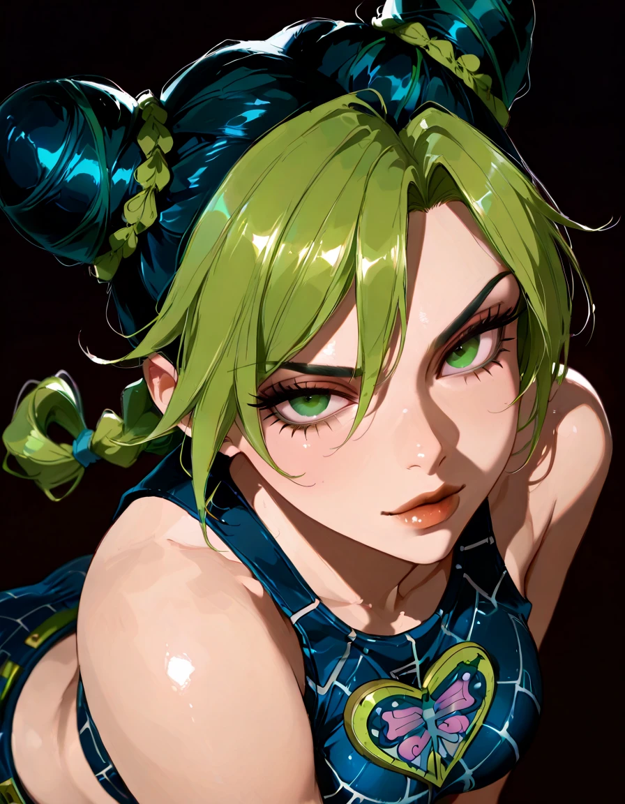 anime artwork, ((masterpiece)) illustration of kujo_jolyne, 1girl, solo, double_bun, green_lips, halterneck, clothed, (extremely detailed, hyper detailed), (((intricate details))), soft lighting <lora:kujojolyne-000001:0.9>