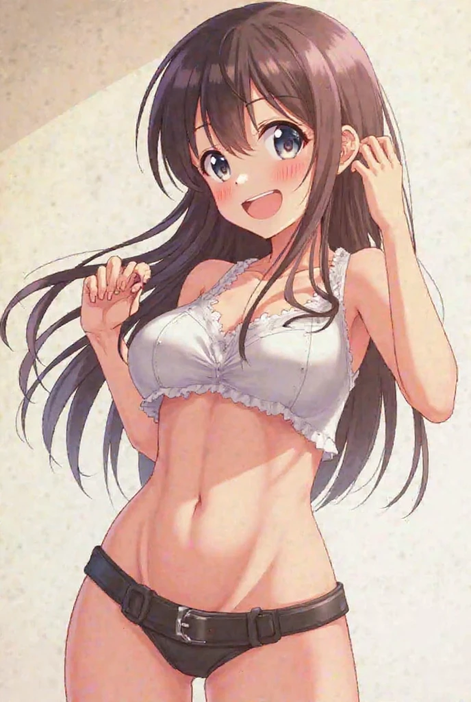 An anime girl who shows her tits and is without clothes is a little excited