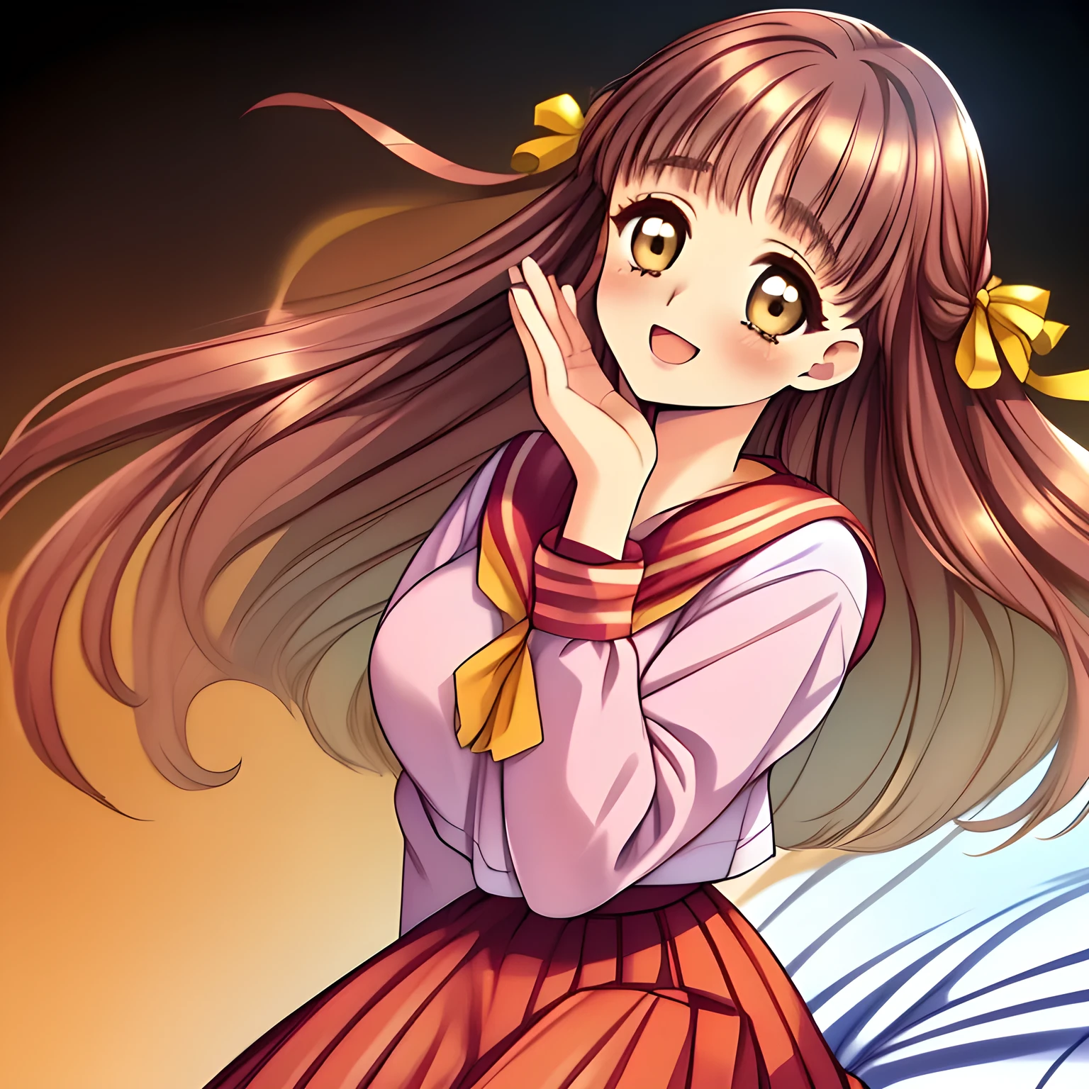 (highest quality, masterpiece:1.2), highest quality, High resolution, 1080p, 8K, (A 20yo slender beautiful pretty noble succubus of (love-story comic heroines) is seated calmly on a lewd bed of succubi, high pride of beauty, hypnotizing me by their neat beauty, ((looking me up, and requesting me kiss with highest laughter at the side)), (intelligent and perfectly balanced slender style), (long neck), neat & clean, lovely strong charm, cutely tilted head), (Too noble beautiful lady like a love-story comic heroine), (laughing), A very lovely, very noble, pretty and pure beautiful girls. ((neat innocent ears)), ((white grown face)), Using expensive whitening cosmetics by cosmetics artist: 1.2), Glossy lips, (curled) bangs, (Too beautiful blue fascinating shiny (double-lidded) (brown eyes) with love to the viewer, ((deep upper girly eyelid)), ((huge eye pupils)), laughing with detailed clearly: 1.5), (sakuragi, ((pink, deep-red, yellow lined neat sailor uniform)), slender neat pink blouse, (deep-red sailor collar with yellow lines), (orange-red pleats skirt): 2), (too pretty shiny big (red realistic school ribbon tie)): 1.5), (Shiny love-story heroine lips, extremely laughing open mouth: 1.0), ((amazingly beautiful black bobbed wavy hair is blowing in the wind: 1.5)), (Hair Ribbon ties (black hair), The ribbon is big and very pretty), (Tight waist, slender: 1.5), (The background is (plain black space) to emphasize their fascination: 1.8), (The lady knows well about the viewer's super fetishism for school uniforms, and satisfies it completely in the viewer's lewd dream: 1.7), (Gorgeous atmosphere In a train limited for beautiful girls bound for girl's school directly early in the morning: 1.5), (Everything is organized to have strong effect of hypnosis for the viewer to fall into happy dream with many beautiful girls: 1.5), (The viewer must be transferred to the world of only beautiful girls right now when he sees the eyes of girls in this picture: 2)