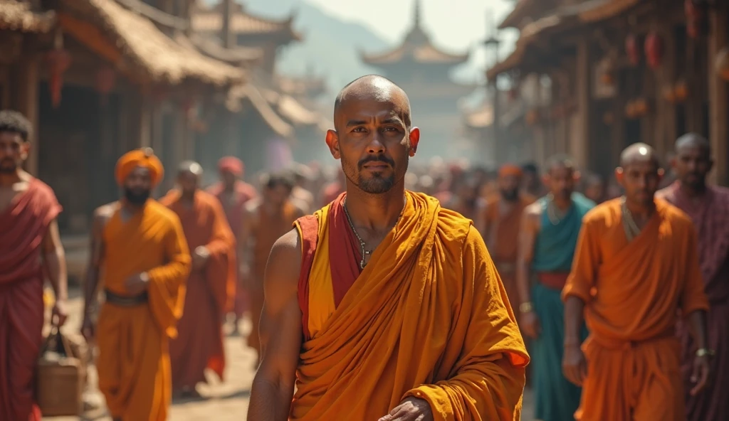 tom hardy, cinematic portrait photo of a very interesting tom hardy Wearing the saffron robes of a monk, Saffron clothes, Rudraksha beads, oblong water pot in hand (Kamandal), rudraksha in hand, walking in street of Banaras, eyes close up, highly detailed vfx portrait, taken with a full frame camera with a wild lens,