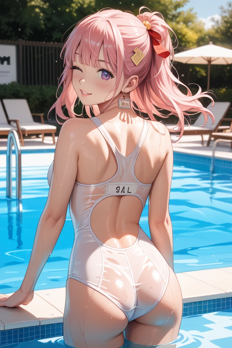 1 、solo、、(Young Girtature1.2)、wet see-through (white one-piece swimsuit:1.3)、see-through nipples、(Embarrassing:1.3)、(arms behind head、armpits:1.2)、blush, (Pink hair twintails:1.2)、(masterpiece、high quality、High resolution:1.3)、nsfw、