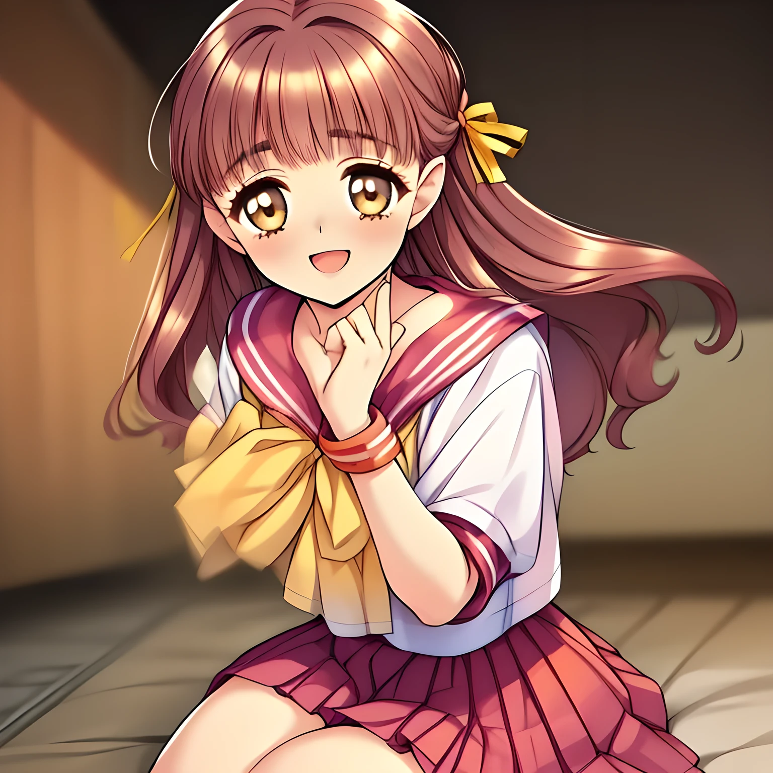 (highest quality, masterpiece:1.2), highest quality, High resolution, 1080p, 8K, (A 20yo slender beautiful pretty noble succubus of (love-story comic heroines) is seated calmly on a lewd bed of succubi, high pride of beauty, hypnotizing me by their neat beauty, ((looking me up, and requesting me kiss with highest laughter at the side)), (intelligent and perfectly balanced slender style), (long neck), neat & clean, lovely strong charm, cutely tilted head), (Too noble beautiful lady like a love-story comic heroine), (laughing), A very lovely, very noble, pretty and pure beautiful girls. ((neat innocent ears)), ((white grown face)), Using expensive whitening cosmetics by cosmetics artist: 1.2),  Glossy lips, (curled) bangs, (Too beautiful blue fascinating shiny (double-lidded) (brown eyes) with love to the viewer, ((deep upper girly eyelid)), ((huge eye pupils)), laughing with detailed clearly: 1.5), (sakuragi, ((pink, deep-red, yellow lined neat sailor uniform)), slender neat pink blouse, (deep-red sailor collar with yellow lines), (orange-red pleats skirt): 2), (too pretty shiny big (red realistic school ribbon tie)): 1.5), (Shiny love-story heroine lips, extremely laughing open mouth: 1.0), ((amazingly beautiful black bobbed wavy hair is blowing in the wind: 1.5)), (Hair Ribbon ties (black hair), The ribbon is big and very pretty), (Tight waist, slender: 1.5), (The background is (plain black space) to emphasize their fascination: 1.8), (The lady knows well about the viewer's super fetishism for school uniforms, and satisfies it completely in the viewer's lewd dream: 1.7), (Gorgeous atmosphere In a train limited for beautiful girls bound for girl's school directly early in the morning: 1.5), (Everything is organized to have strong effect of hypnosis for the viewer to fall into happy dream with many beautiful girls: 1.5), (The viewer must be transferred to the world of only beautiful girls right now when he sees the eyes of girls in this picture: 2)
