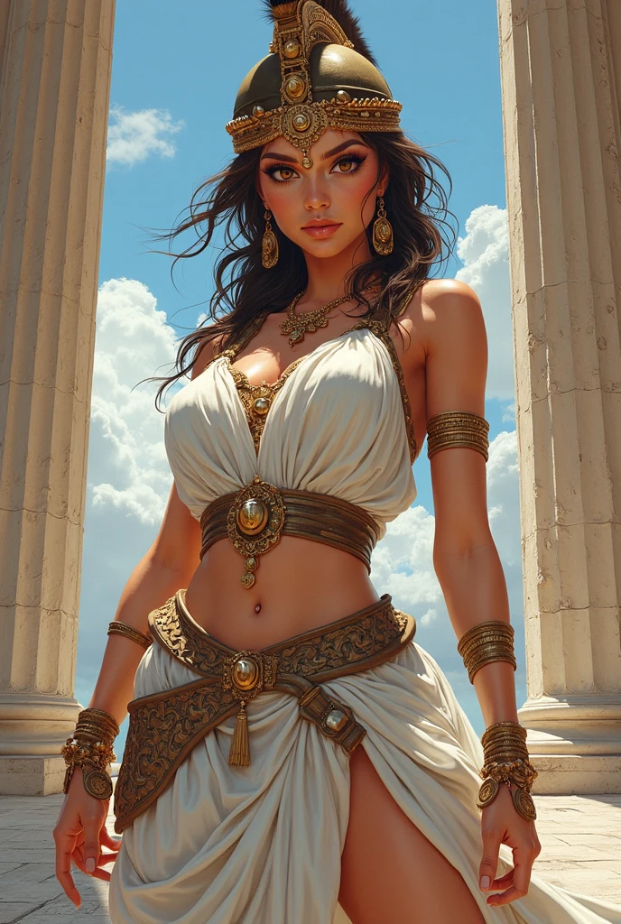 Imagine an AI-generated image that transforms Mila Kunis into a majestic Greek goddess. Envision her draped in ethereal, flowing robes adorned with symbols of ancient mythology. Picture her with divine features, radiating strength and beauty, as she holds artifacts of power associated with the gods. Surround her with an aura of celestial light, and place her within a mythical landscape inspired by ancient Greece. Capture the essence of Mila Kunis as a modern interpretation of a Greek goddess, blending her contemporary charm with the timeless elegance of classical mythology."