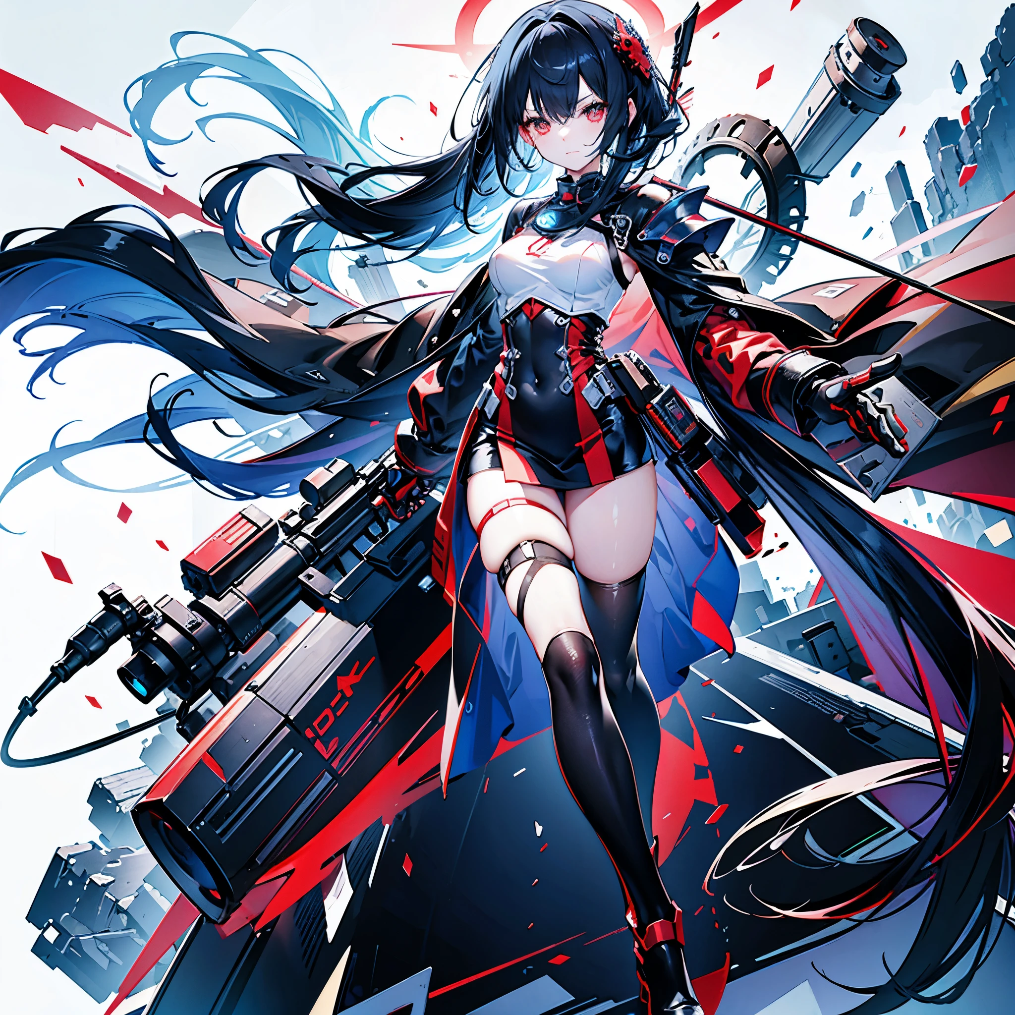 solo1.8、Highlight your red aggressive eyes with blue goggles and sunglasses 1.4、アーマーと同じ色のブースター型flightユニットが足腰に付いている1.5、"alone, stylish game stand-up illustration、stylish anime-style illustration、flight、Tall and slender body、a cool and cute woman with a super electromagnetic cannon motif、armor、Red aggressive eyes、holding a black mechanical long cane、Fluffy black hair、