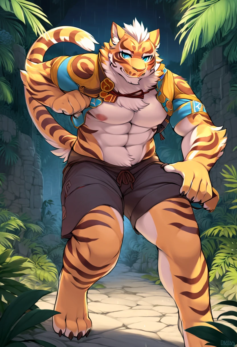 (masterpiece, 4K, ultra detailed), a tiger furry, single, masculine, dark red fur, smooth lining, waterfall, noon, muscular, sexy, naked, frown, eight-pack, cartoony, anime, age, penis, brown anime eyes
