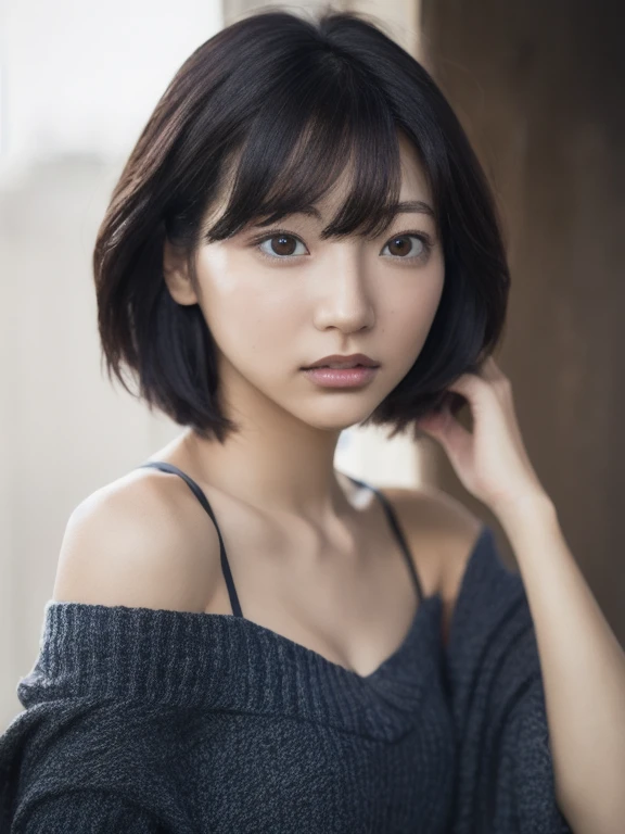 (masterpiece:1.3), (8K, Photorealistic, RAW Photos, Best image quality: 1.4),Beautiful Japanese Woman、Age 25、(Random hairstyle:1.2)、Cleavage:1.2、Super detailed face、Eye on the details、double eyelid、Ample breasts、Sharp focus:1.2、Beautiful woman:1.4、Black Hair、Very short bob hair、short roll、Highest quality、masterpiece、超High resolution、Highly detailed and professionally lit smiles、 Black knitwear、Serious expression、looking at the camera、Strong eye power、Upper body、Face Focus、Simple Background、(8K、Raw photo、Highest quality、masterpiece:1.2)、(Realistic、Photorealistic:1.37)、Professional Lighting、Photon Mapping、Physically Based Rendering、Gradient brunette hair、Excellent image quality、High resolution、1080P、(Clear Face)、(Detailed face description)、(Detailed hand description)、(Masseter muscle area)、(Exquisite CGI)、My hair is messy、masterpiece、Delicate clavicle、Various poses、Black Wall、Autumn Clothes、Winter clothes、