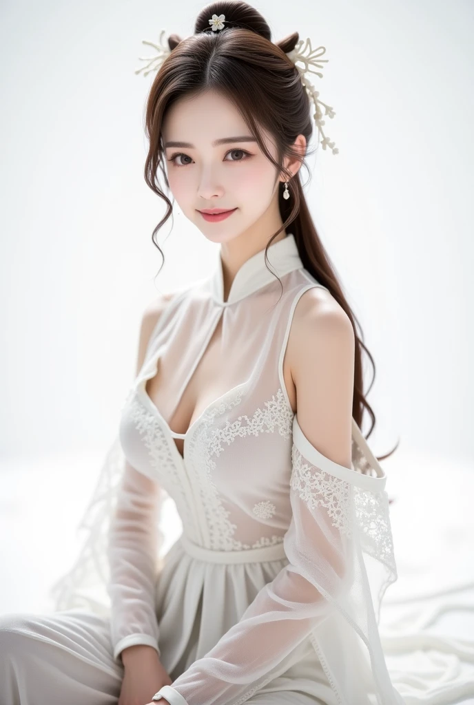 best quality、tmasterpiece、ultra high resolution、actual、1 girl、Glossy skin、((Surreal detailed))、Global photo、8K、Highly complex details、shinning eyes、highkey、pureerosfaceace_v1、A smile、Elegant pose、White ultra-thin transparent lace、Lots of flowers in the background