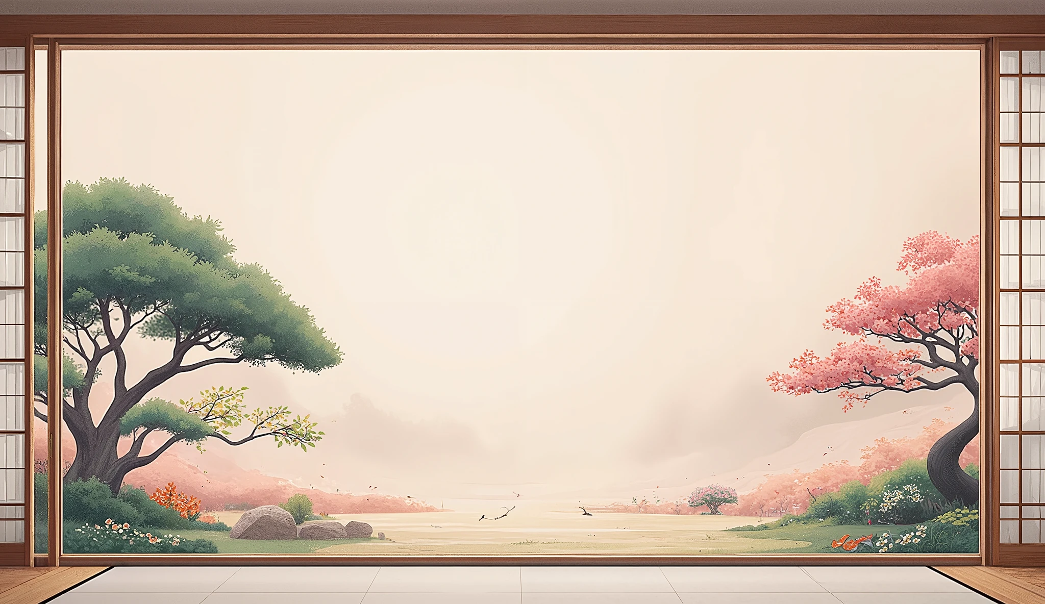 illustration in soft colors predominating , minimalism of a Japanese style living room with window to see the minimalist Japanese garden with bonsai trees, the stage evokes energy and elegance