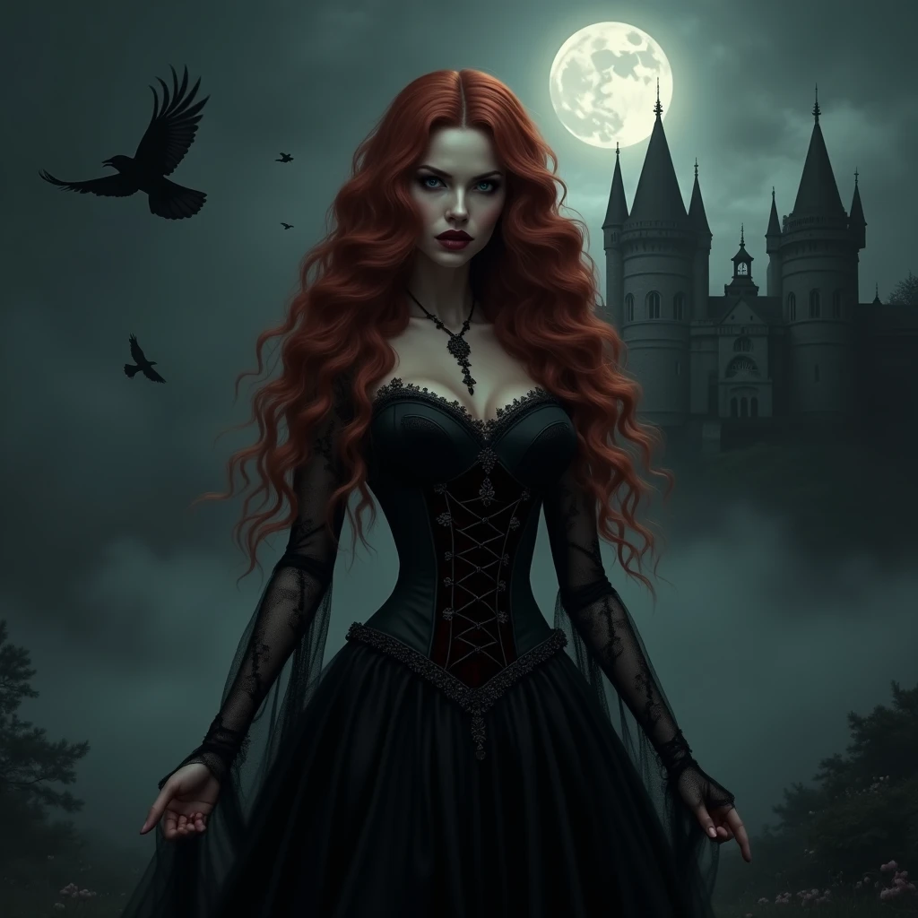Beautiful photos of women (nun: 1.3) Vampire standing under the stars on the monastery porch, whole body, Dynamic Angle (Extremely detailed, masterpiece, best quality), Extremely detailed face (Extremely detailed, masterpiece, best quality), Extremely feminine, (Pale skin: 1.3), Red hair, curls, Dynamic eye color, Icy gaze, Glowing eyes, Focused gaze, Deep red lips, [Fangs], wearing white nun habit (Extremely detailed, masterpiece, best quality), Wearing a blue cape (Extremely detailed, masterpiece, best quality), Long cape, Flowing Cape (Extremely detailed, masterpiece, best quality), Wear high heel boots, Starry sky background, moon, Bats fly around, High Detail, best quality, 8K, [Extremely detailed], masterpiece, best quality, (Extremely detailed), whole body, Ultra wide-angle shooting, Photorealism, Dark Fantasy Art, Dark Fantasy Art, Gothic art, Many stars, Dark Fantasy Art, Gothic art, Feelings of fear, Blood Magic