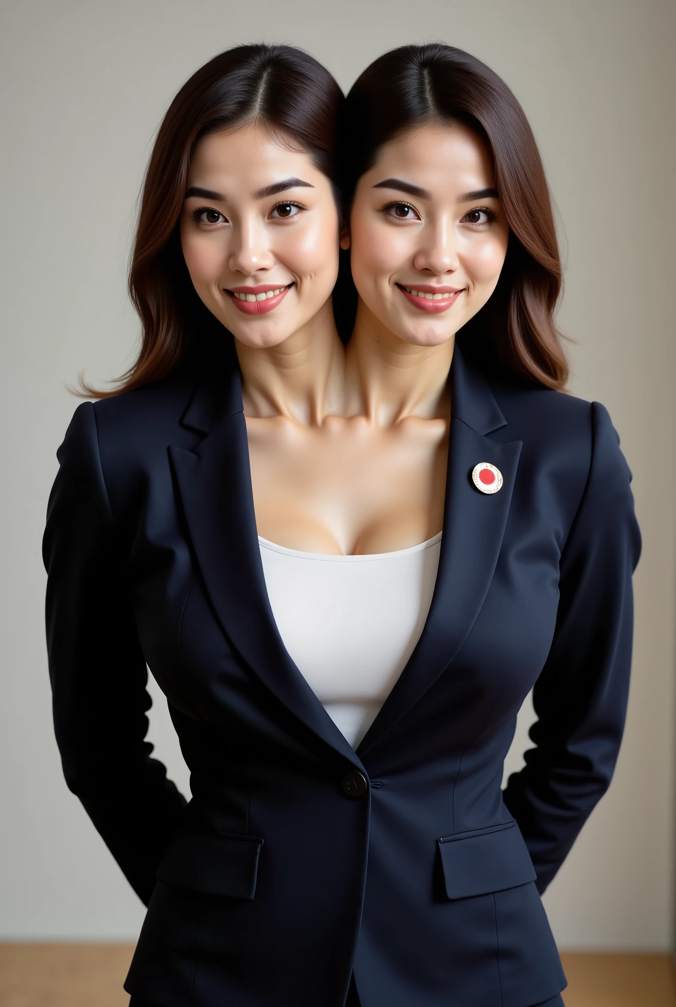 Realistic photograph of a beautiful two headed Japanese woman with white skin and longer hair, necklace, wearing a business suit. She is the prime minister of japan. She is a milf 45 years old, with a curvy figure, body portrait. very big breasts. very BIG . Presidential picture, japan flag pin, conjoined