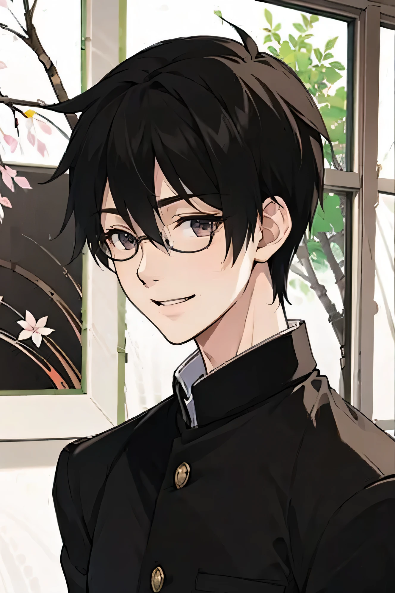 Japanese man handsome smile In the classroom Outside the window is early spring and there is only one cherry tree glasses glasses Shaved head Shaved head skinhead Shaved head Shaved head skinhead Black school run school uniform Black school run