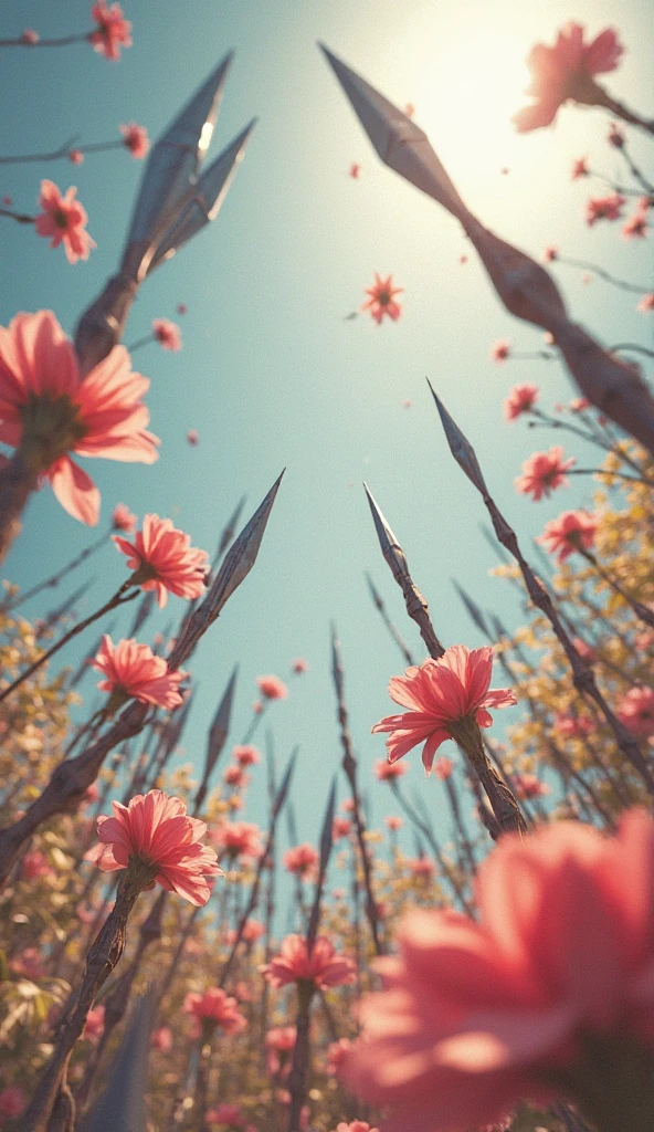 florals,colorful,Hazy background,and the sun was shining brightly,high detal,Perfectcomposition,first person perspective。