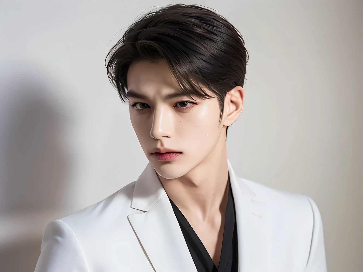 lip, Squint, Posing Detective, contemplative gesture, 20 year old man, Very handsome , Korean Series Stars, White skin, handsome, classic side part hairstyle, black background, Masterpiece, Best Quality, Cool personality , a man, Detailed image, clear, Shiny, Cold eyes, Very handsome , half body model, wearing a white suit, , straight shoulder, striped shirt-golden Thai bird, One Man, reflect, standing, front view.