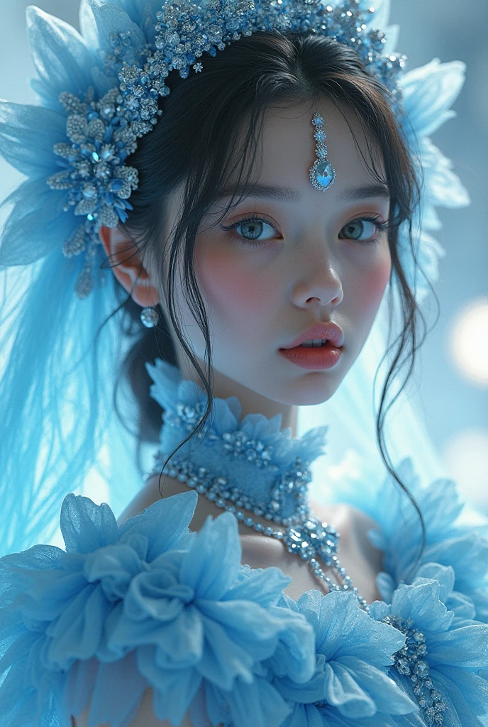 brave fashion、Volumetric Ruffle 、Jewelry equipment、princess、face focus、Innocent Gray Eye、Gloss Lip、art、 model、{Aqua Light | Shiny Light}、emits energy 、cute ice blue begins to melt、Reflections An Arm That Gently Wraps the World、Sound resonance