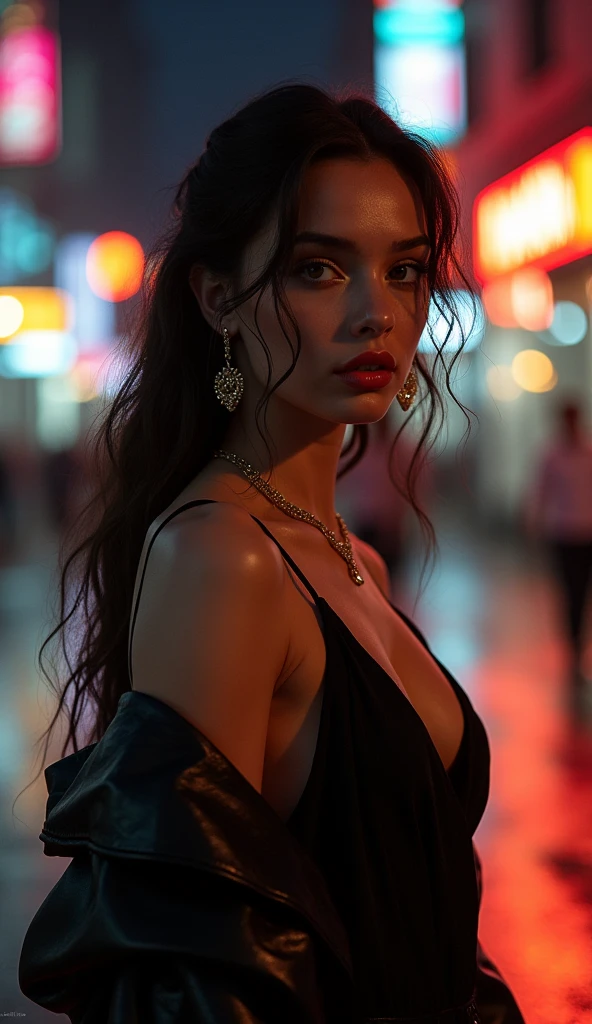Beautiful Sony α7R IV, 1/320s, f/2.8, ISO 400, .Cinematic hyperrealism: Cinematic hyperrealism: imagine a highly visual image, imbued with raw emotion and melancholy. Cinematic photorealism: Use hyper-realistic textures, particularly for the skin, hair and environment of the protagonist, to create a contrast between the natural and the artificial. Glitch VFX: Cinematic, hyperrealistic. Cinematic hyperrealism: imagine a highly visual image, imbued with raw emotion and melancholy.
A Real genius professional Photo Shooting manequin .
📍 LOOK 1: "AFTERGLOW—THE LAST DANCE"
🌙 A fleeting moment, frozen in time. She walks alone in the neon haze, lost between reality and a memory she can’t escape.
👤 Model: Isla, a French-Colombian enigma—porcelain skin kissed by the city’s glow, sharp cheekbones, dark waves cascading past her shoulders, red lips that speak in whispers.
👗 Outfit:
A plunging black silk slip dress (Saint Laurent), clinging like liquid shadow, dancing with every step.
A floor-length leather trench (Alexander McQueen), structured and dramatic, catching the city lights.
Gloved hands (Bottega Veneta), delicate yet lethal.
Sculptural gold earrings (Balenciaga), glinting like fragments of a broken star.
📸 Pose: She walks down an empty city street at midnight, rain shimmering on the pavement. One hand lifts to her lips, a quiet breath, a secret unsaid. Her eyes, heavy with something untouchable. The camera captures her in motion—lost, tragic, intoxicating. A woman who exists in the spaces between goodbye and forever.
.8k((Best quality Physical characteristics of the protagonist: inlay techniques to a high contrast, photorealistic rendering with fantastical elements, moving patterns and textures, glowing elements" "Photorealistic, hyperdetailed face, sharp features, cinematic lighting, volume