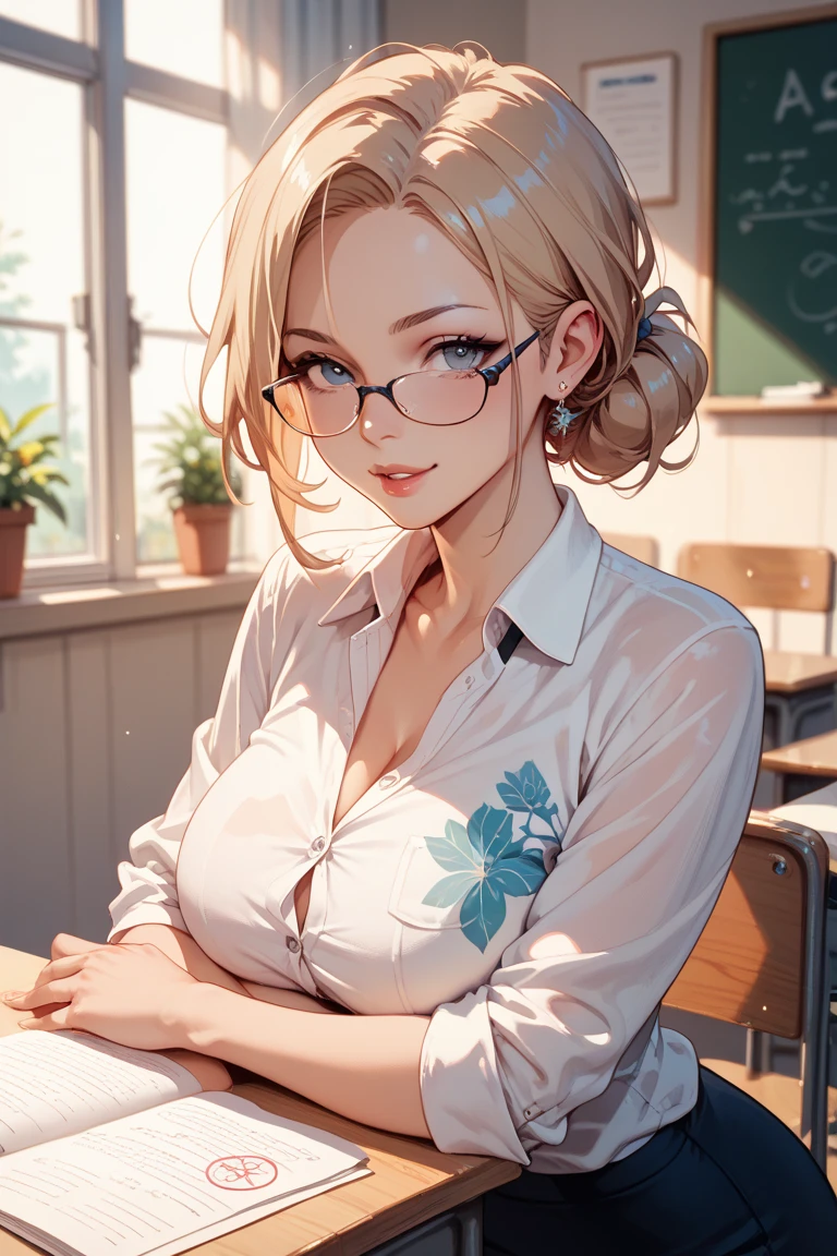 In the classroom,The teacher is lecturing the students,Gray-haired old teacher,Asian people,wears glasses,closeup cleavage,sharp focus on eyes,8K,super-fine,oil painted,Hyper-realistic,best qualtiy