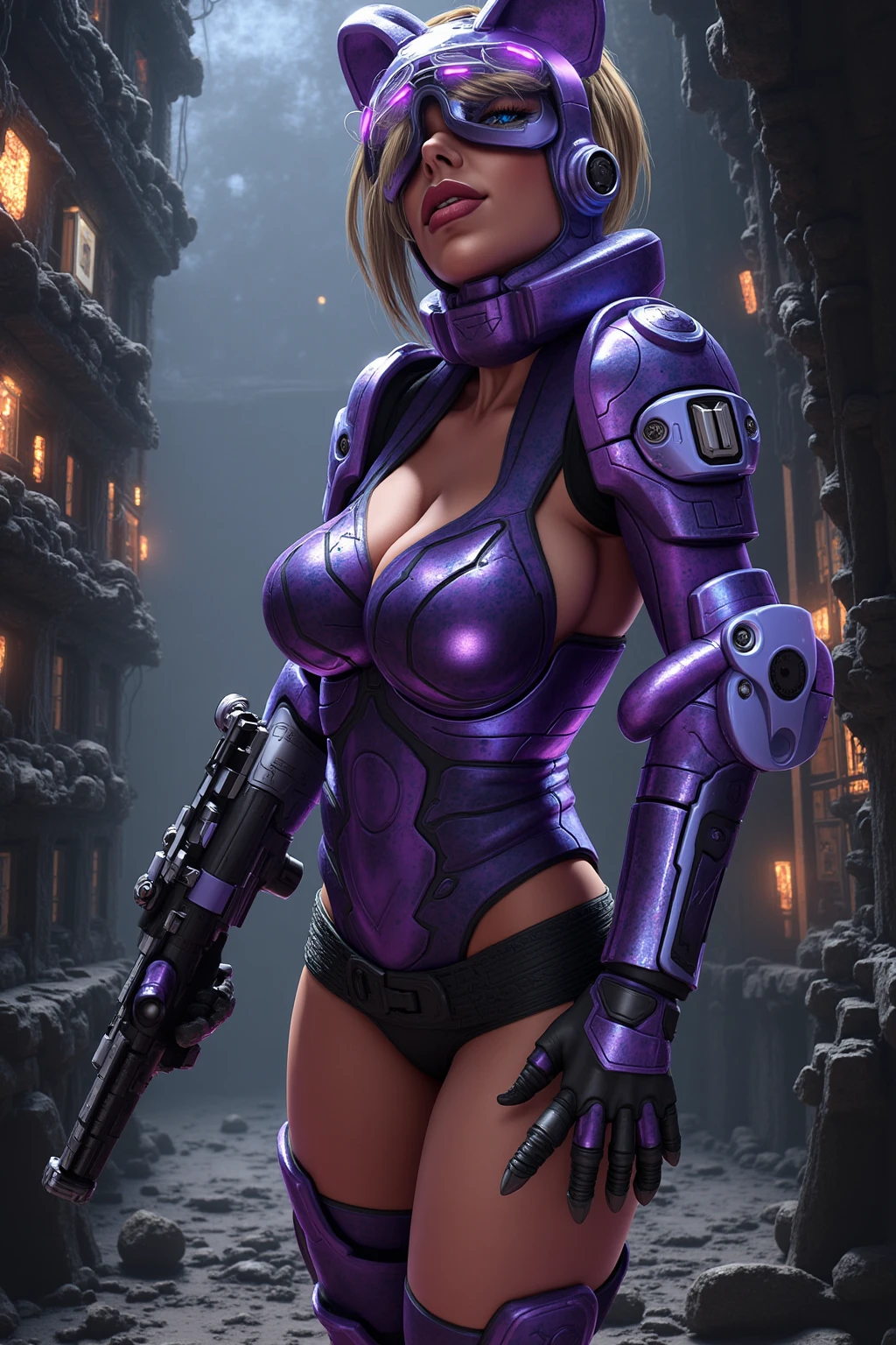 a girl wearing mecha cyber armor,technology bodysuit,smart lines in the costume, long cleavage,tech boots,tech gloves,(mechanized valkyrie girl),full body,high heels,intricate details,hyper realistic,8k,,dynamic pose,dramatic colors,complex patterns,futuristic,cyberpunk,chiaroscuro lighting,highly detailed,photorealistic,unreal engine,volumetric fog,advanced rendering, technology pistol in hands shining.