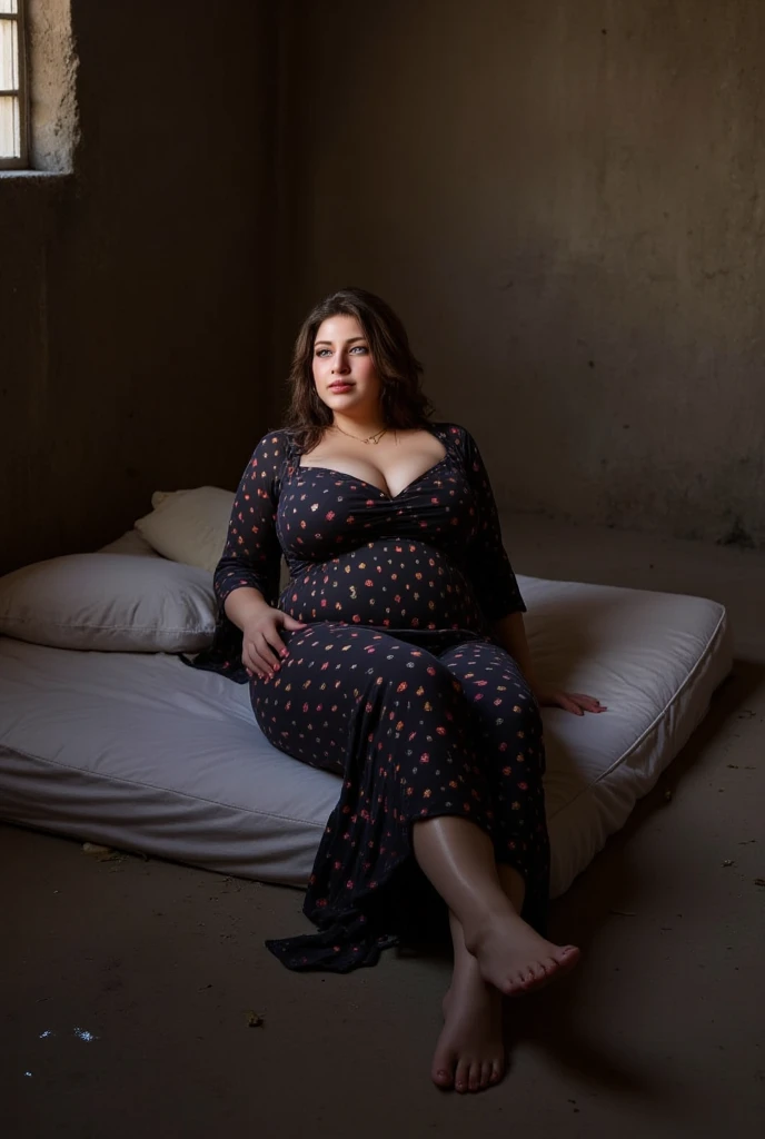 Mulher nua Gorda de cor branca totalmente seios fartos e realistas em pose sexy se insinuando deitada numa cama de motel