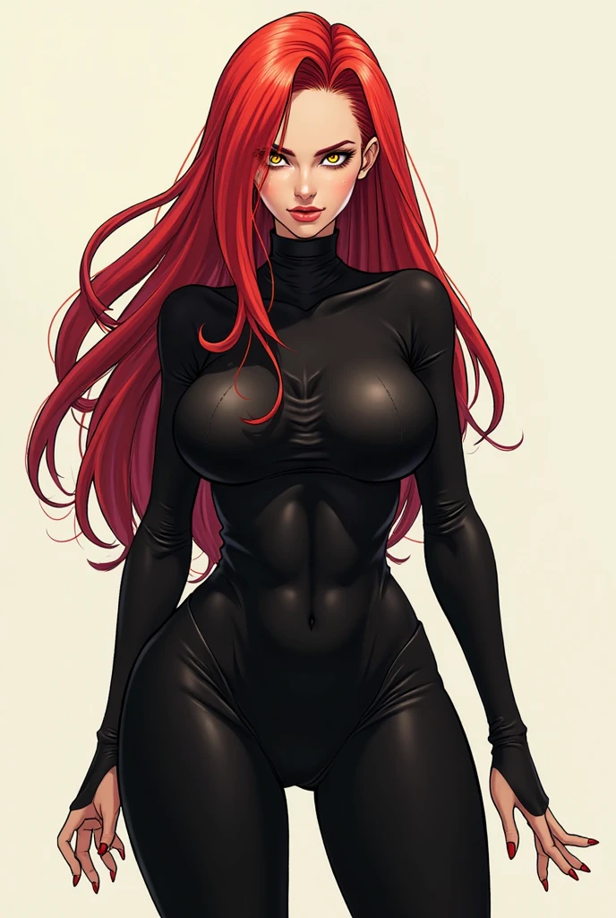  black bodysuit, red hair, full body shot, deep vneck, cleavage, navel, unzipped, cameltoe
