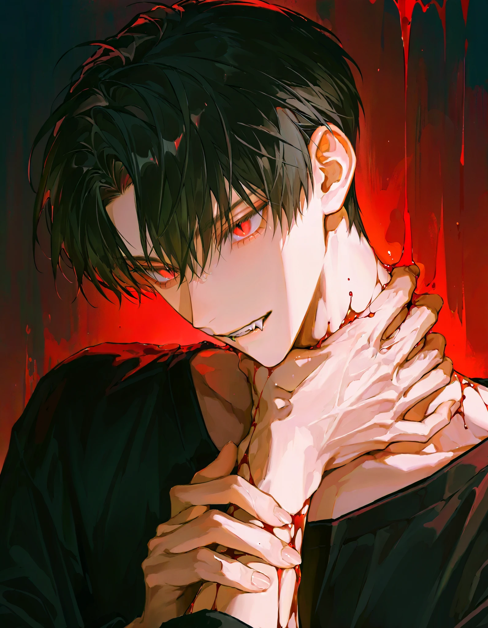 年輕的吸Blood鬼, boy,Fangs,Blood,hands caressing his neck,Handsome,short hair,,Solo painting,