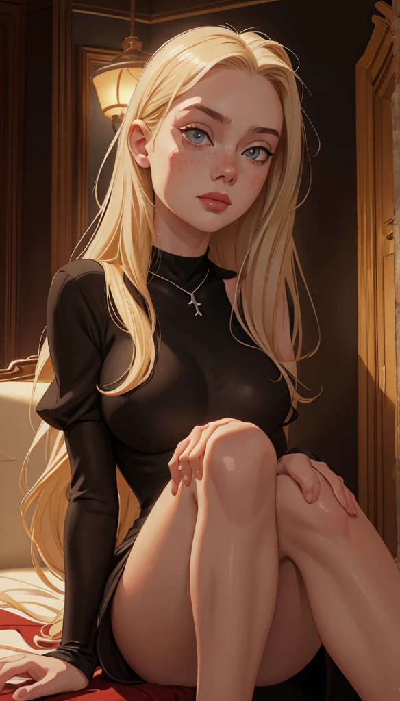 1 beautiful woman, adult, blonde, large body, outlined eyelids, made-up eyelids, long-sleeved T-shirt, black T-shirt with white stripes, striped T-shirt, neckline, black skirt, pantyhose, black boots, sleeping sitting on the bus, mouth open, closed eyes.