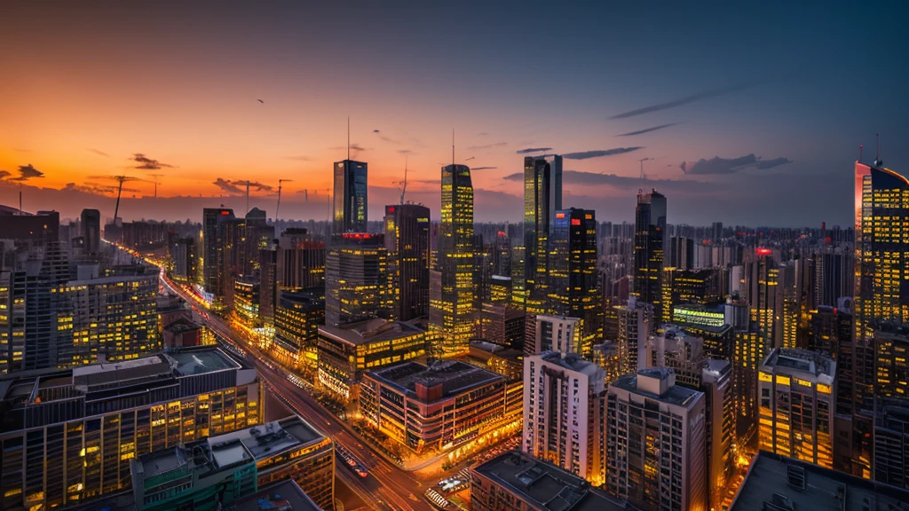 Best Quality、realistic、4K、8k、Professional、extreme detail、vivid colors、 bokeh effects 、 at dusk 、cityscape、building、Orange Sunset 、 look back、 cityscape、sunset、HDR、 Atmosferic 