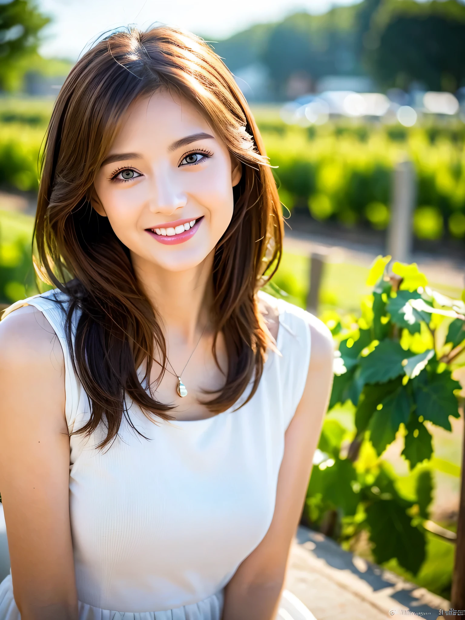 Photorealistic, ultra-detailed, Beautiful woman, portrait photo, Solo, smiling face, looking in the camera, sitting down, picturesque beautiful scene, bright scene, The essence of real life, brown colour hair, wavy hair, very wavy, twenty years old, cheerful, show medium cleavage, Crystal clear sky, analogue style, film grain, Best shadow, primitive, Instagram LUT.