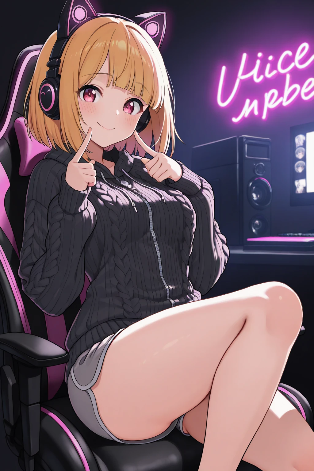 best quality, masterpiece, ultra-detailed, illustration, dynamic pose, a close up of a woman sitting on a chair with a cat, 1girl, powerdef, sharp teeth, cross-shaped pupils, trending on devianart, trending on artstation, deviantart, artstation, ig model, looking at viewer, (evil smile), close-up shot, thick thighs, big breasts, big ass, wide hips, hip dip, underboob, pink tank top hoodie, long sleeves, long white socks, jean shorts, glossy lips, cinematic lighting, volumetric lighting, vibrant colors, ray tracing, intricate details in 8k or 4k resolution