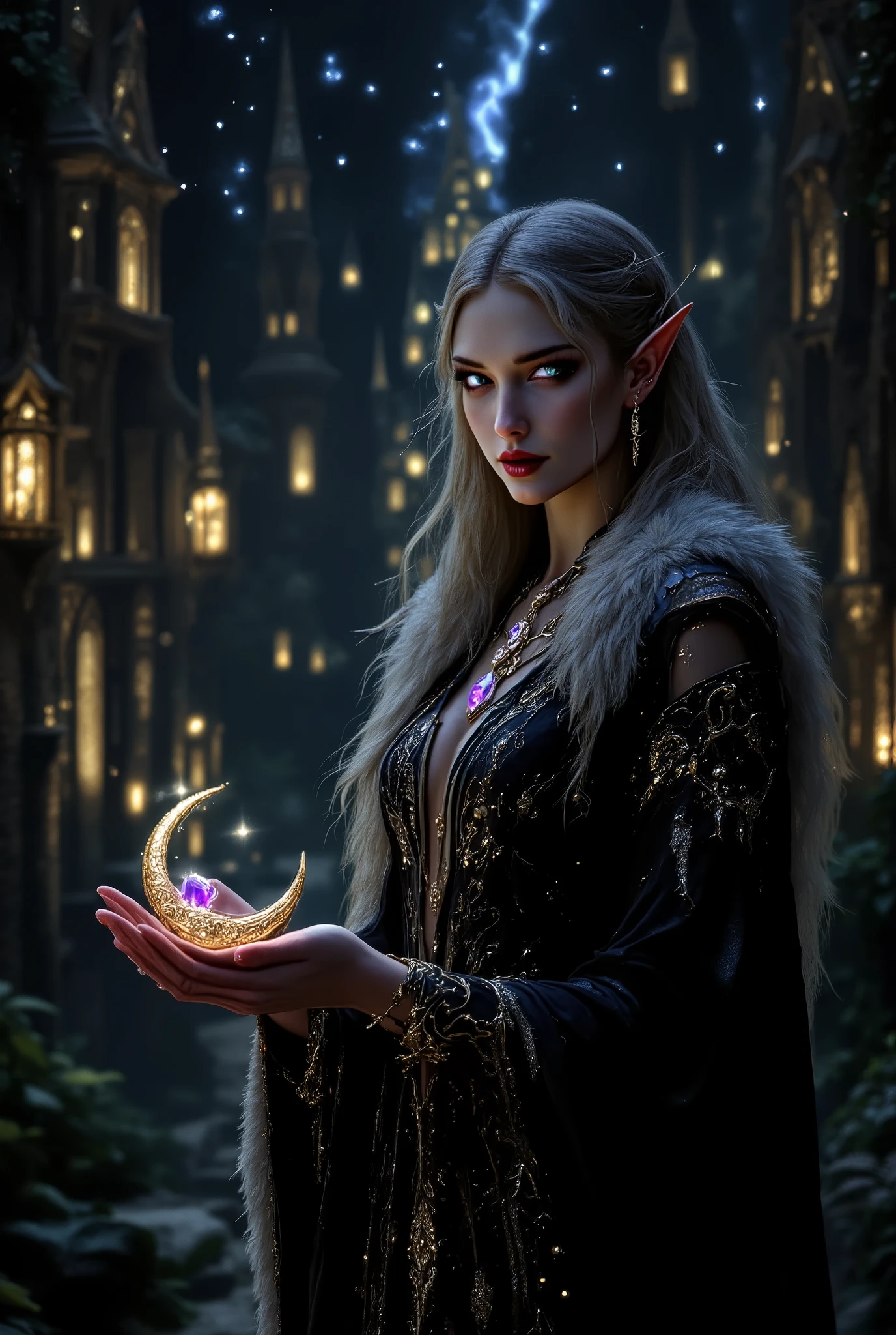 A beautiful elf, with long flowing blonde hair, silky skin, beautiful eyes, full lips, big breasts, wearing a transparent pure blue silk dress, wearing earrings, a gold choker, giving a beautiful smile, posing, and in the background mountains and pine trees, and above her head a night sky with scattered clouds and a moon shining white, bright butterflies and fireflies all around ((intricate details)) hyperrealistic wonderful elf, beautiful photorealistic sexy elf in the moonlight, a beautiful goddess of nature under the moonlight with intricate details.