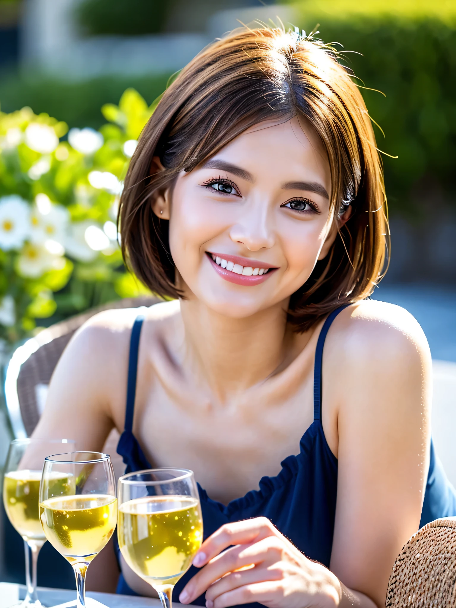 ((White Wine)),((  wine glasses)),(realistic, superrealistic:1.4), 16K HDR,  high image quality,((White Wine)),((  wine glasses)),Pink dress、happy smile、   short hair,  best smile、japanese actress, so beautiful(  just like the real thing  ),  dress、slim couple、Model Couple、(realistic,   Intricate Details  :1.2),  A wonderful view of the sky and clouds at dusk 、,  DSLR Camera  ,  baby bodysuit,  detailed background, Use   Volume Light  ing,    sharp concentration sitting on a chair outside, super Realistic skin, so beautiful expression,  cloud effect  :1.2、professional quality high image quality、Highest quality, slim body ,High quality face,detailed eyes, beautiful lips,  SUPERIOR LIGHT PARTICLE  ,  movie light ,  blue eyes ,(RAW photo), (realistic), (masterpiece), (Highest quality),  high image quality, 8k, (   Intricate Details  ), (  Volume Light  ),  portrait ,    layered hair  , brown hair,  beautiful eyes, Order Order,  so beautiful眉毛,  so beautiful肌, Very beautiful mouth,  so beautiful鼻,    cute like an idol, happy smile, ( Thick lips),