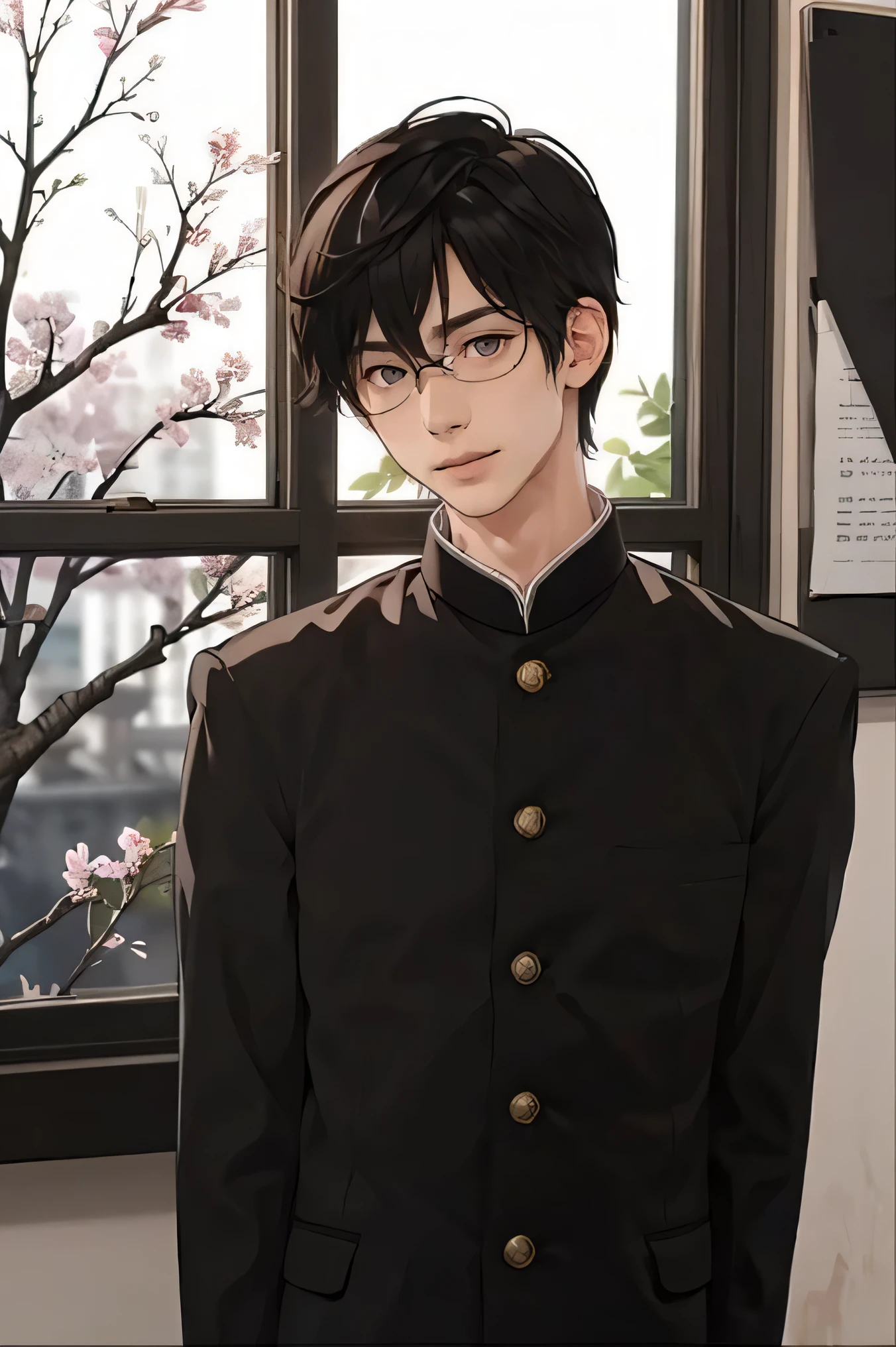 Japanese man handsome short dark-haired adult short cropped smile In the classroom window window windowの外は初春 There is only one cherry tree Black school run school uniform Black school run Shaved head Shaved head Shaved head Shaved head glasses